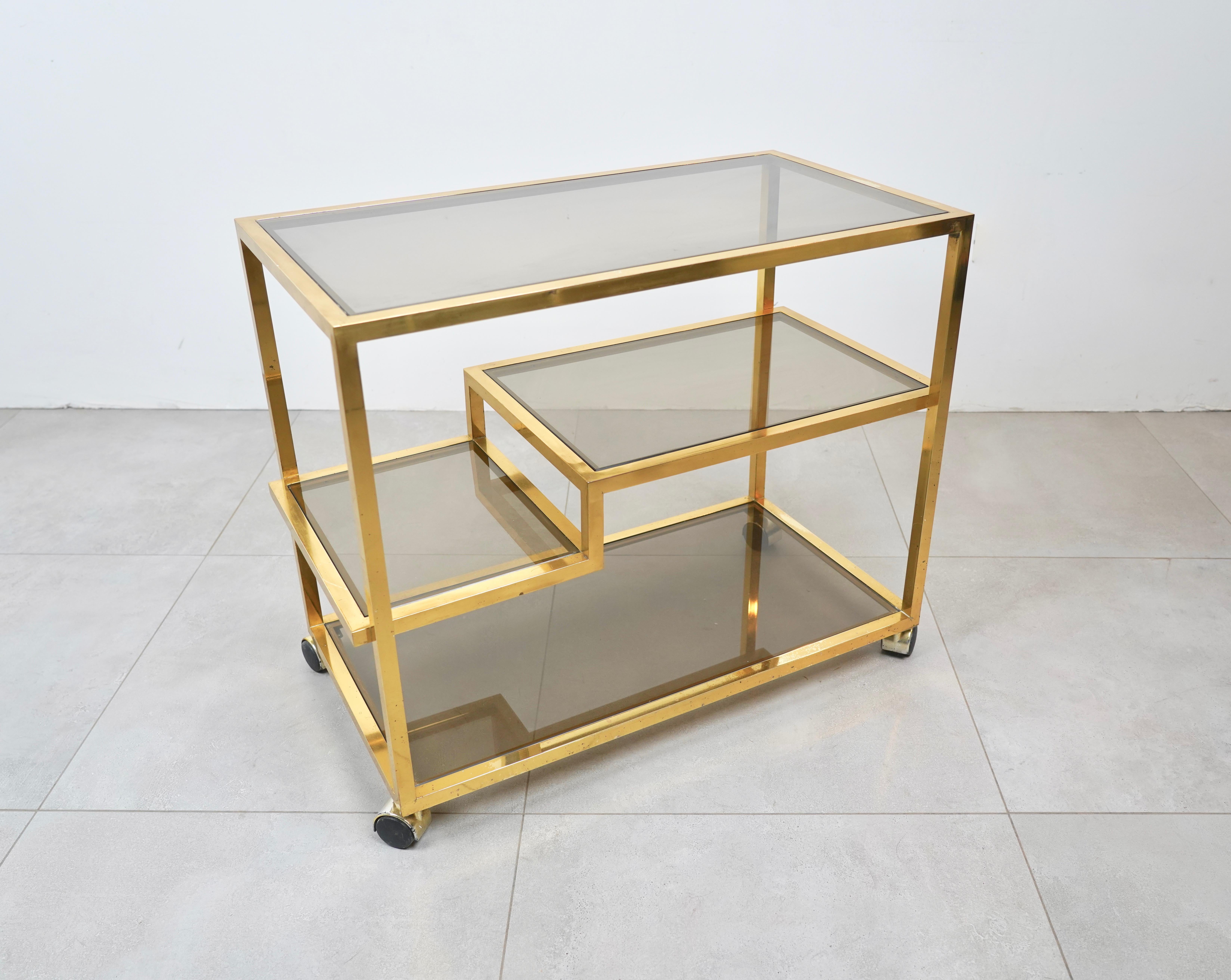 Serving Bar Cart Brass and Smoked Glass Romeo Rega Style, Italy 1970s For Sale 3