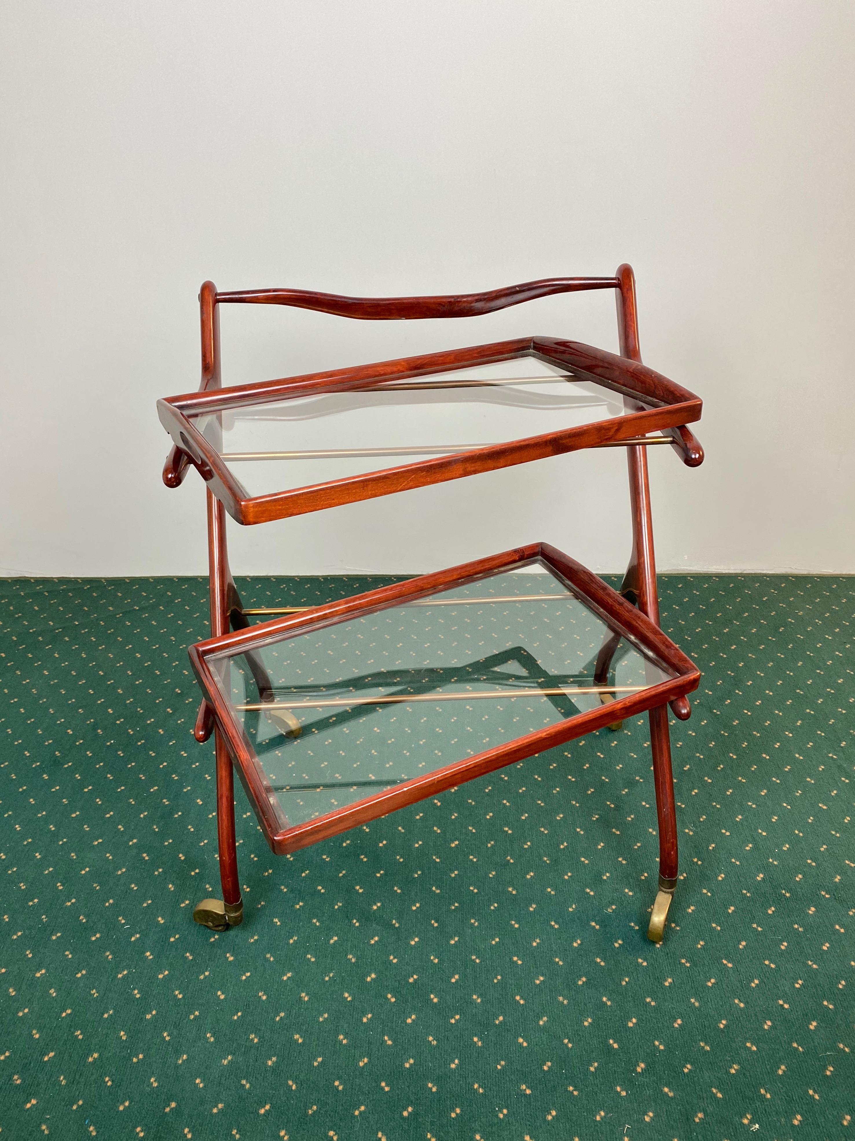 Italian Serving Bar Cart by Cesare Lacca in Wood, Brass and Glass, Italy, 1950s For Sale