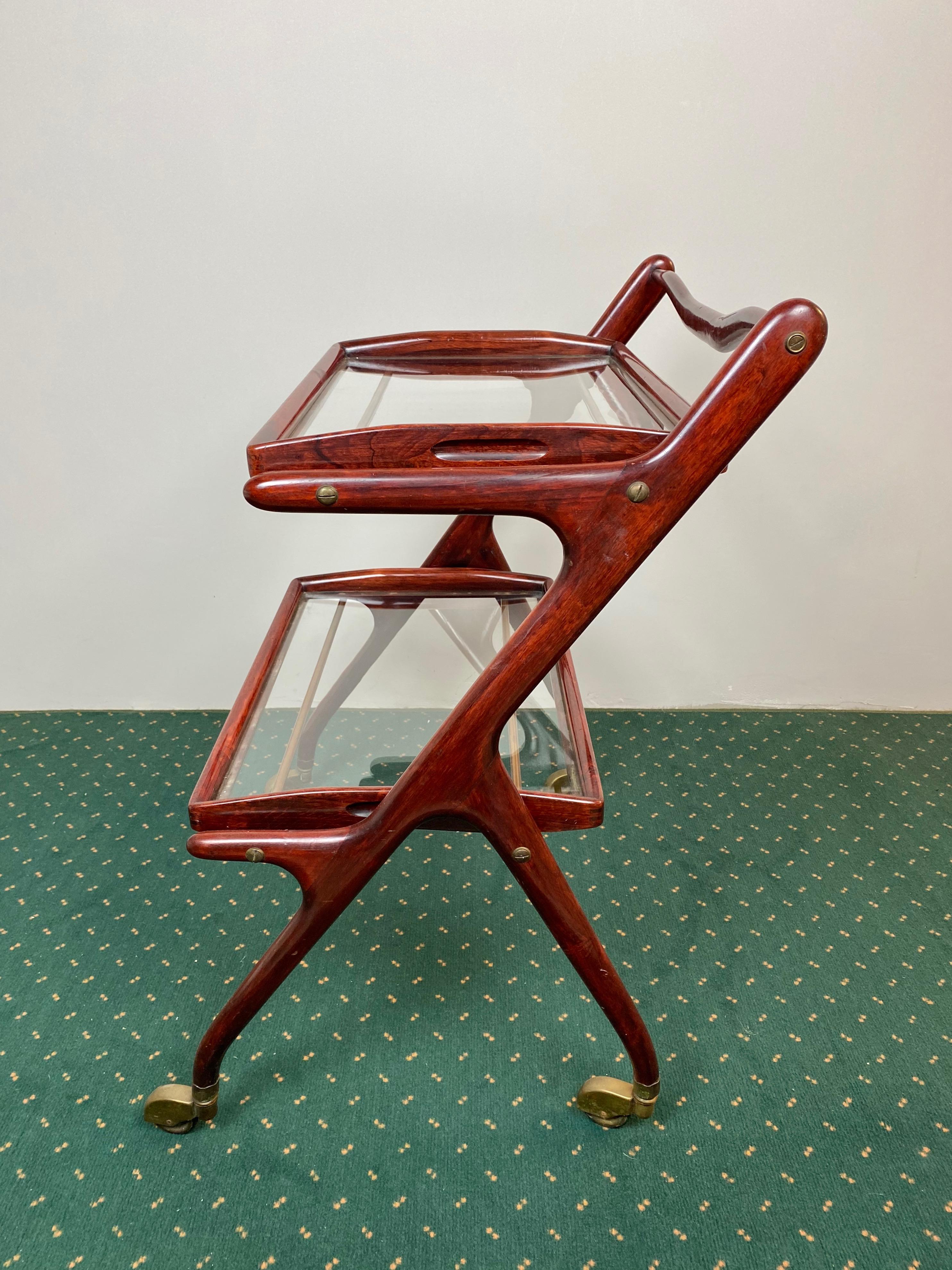 Italian Serving Bar Cart by Cesare Lacca in Wood, Brass and Glass, Italy, 1950s For Sale
