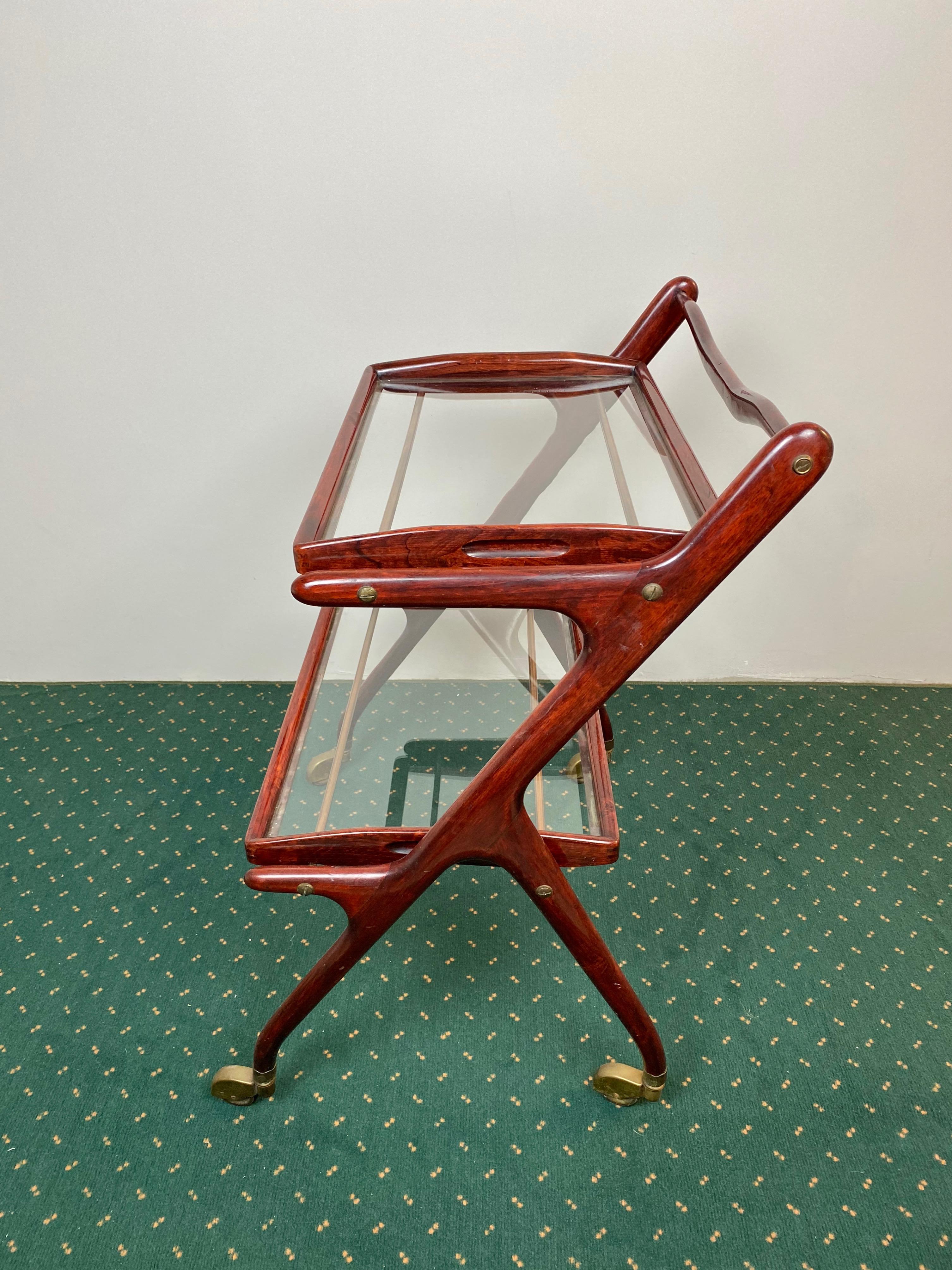 Serving Bar Cart by Cesare Lacca in Wood, Brass and Glass, Italy, 1950s For Sale 2