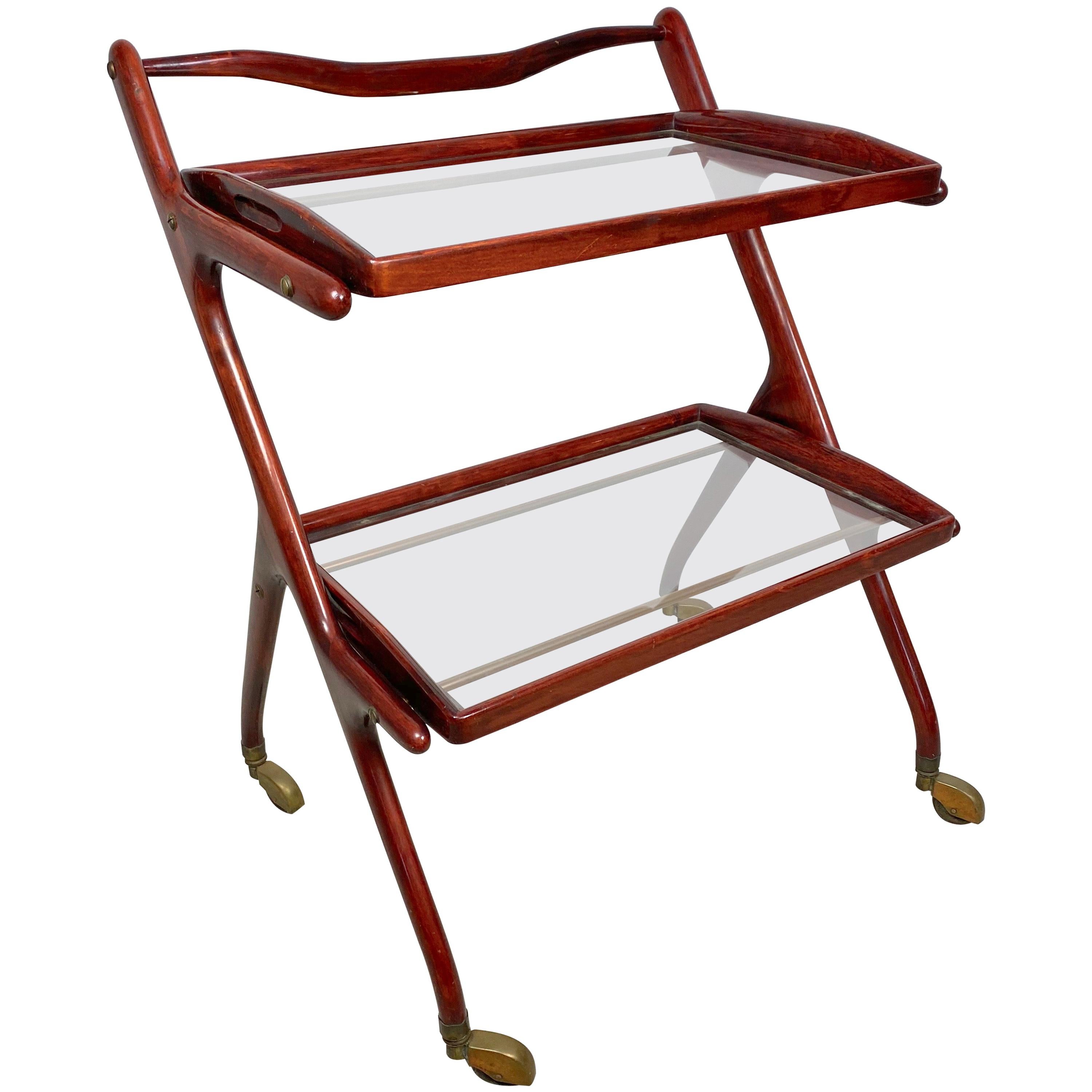 Serving Bar Cart by Cesare Lacca in Wood, Brass and Glass, Italy, 1950s For Sale