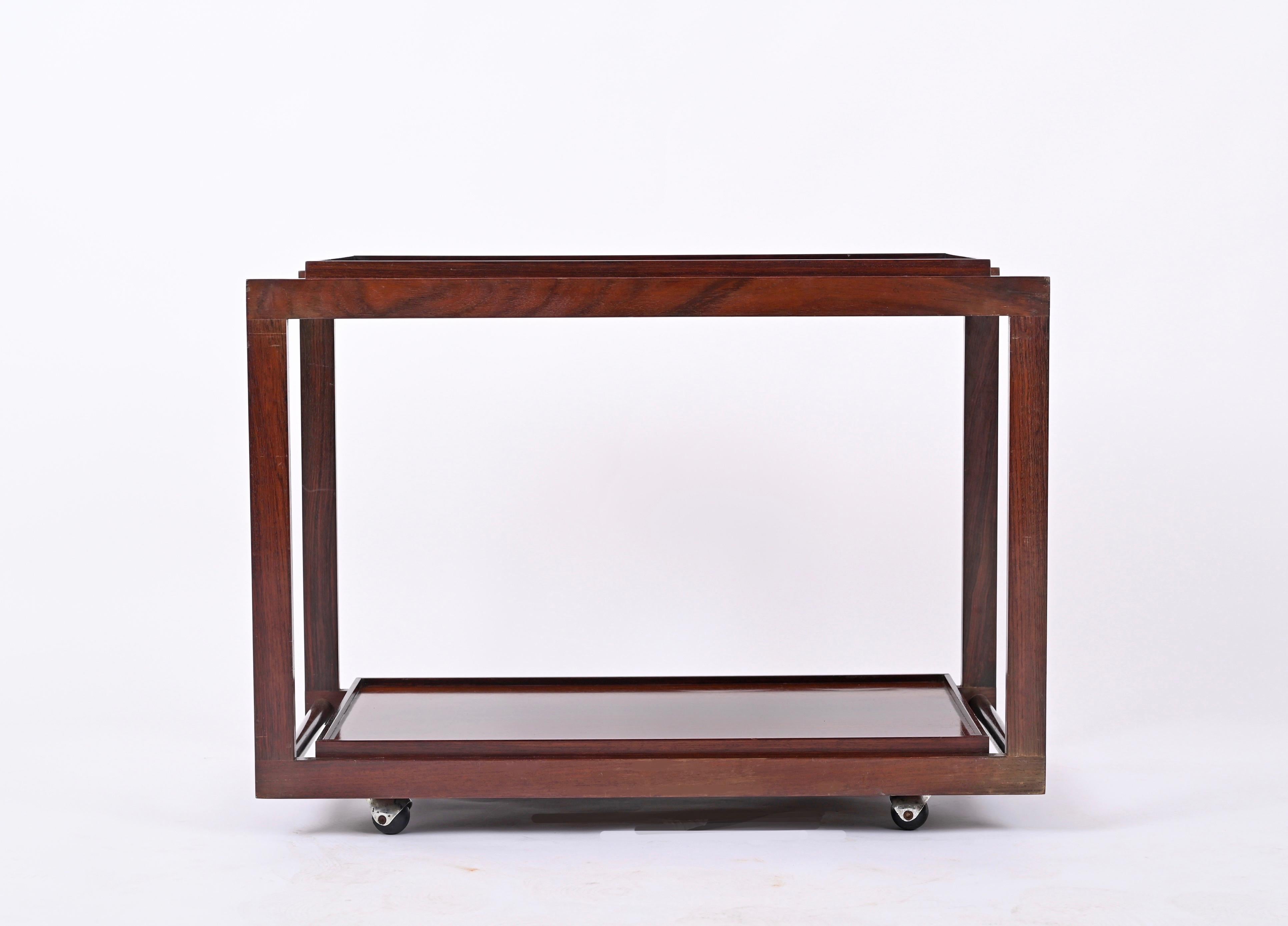 Italian Serving Bar Cart by Frattini for Cassina Signed, Teak Wood and Metal, Italy 1950