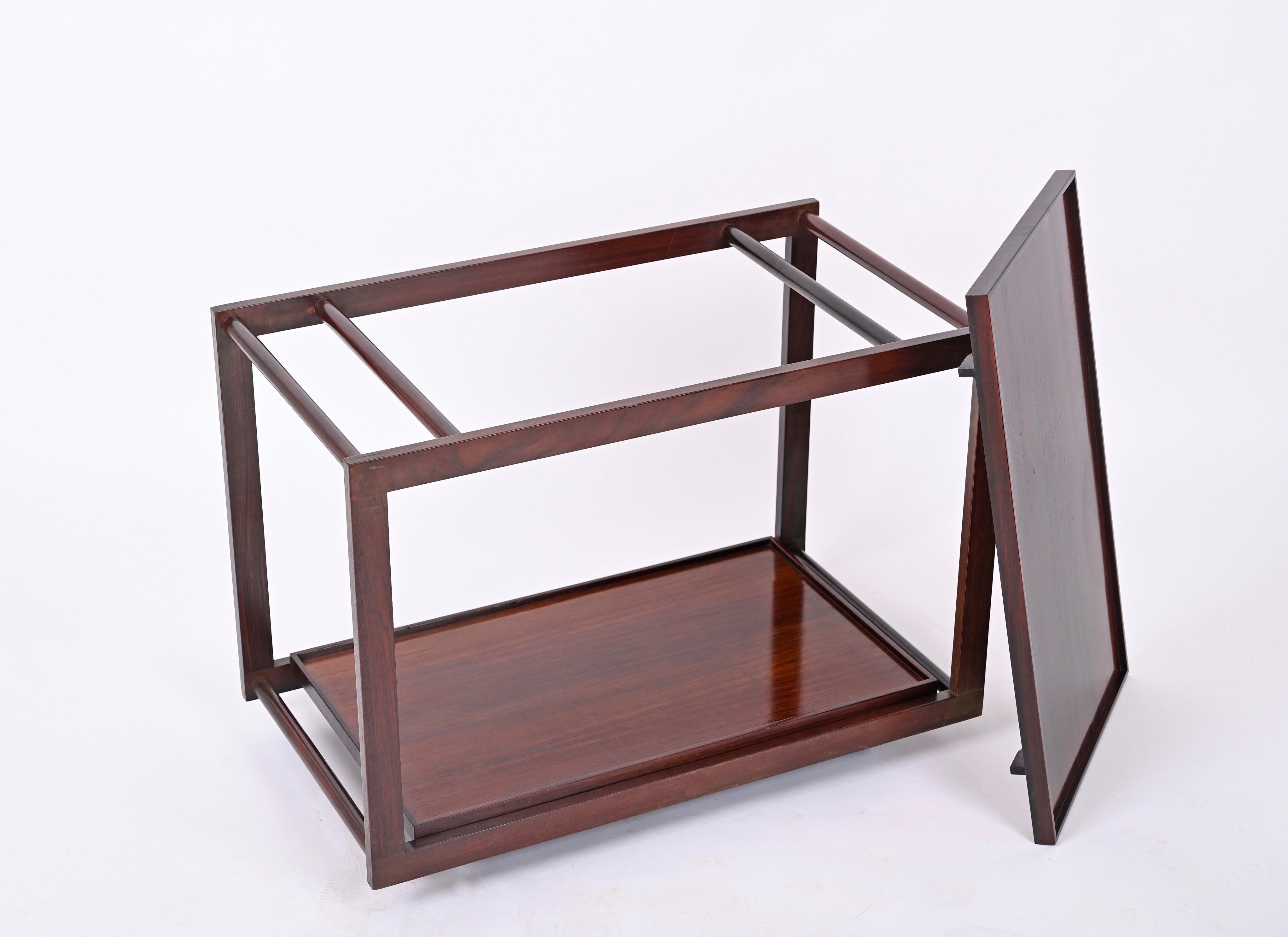 Mid-20th Century Serving Bar Cart by Frattini for Cassina Signed, Teak Wood and Metal, Italy 1950