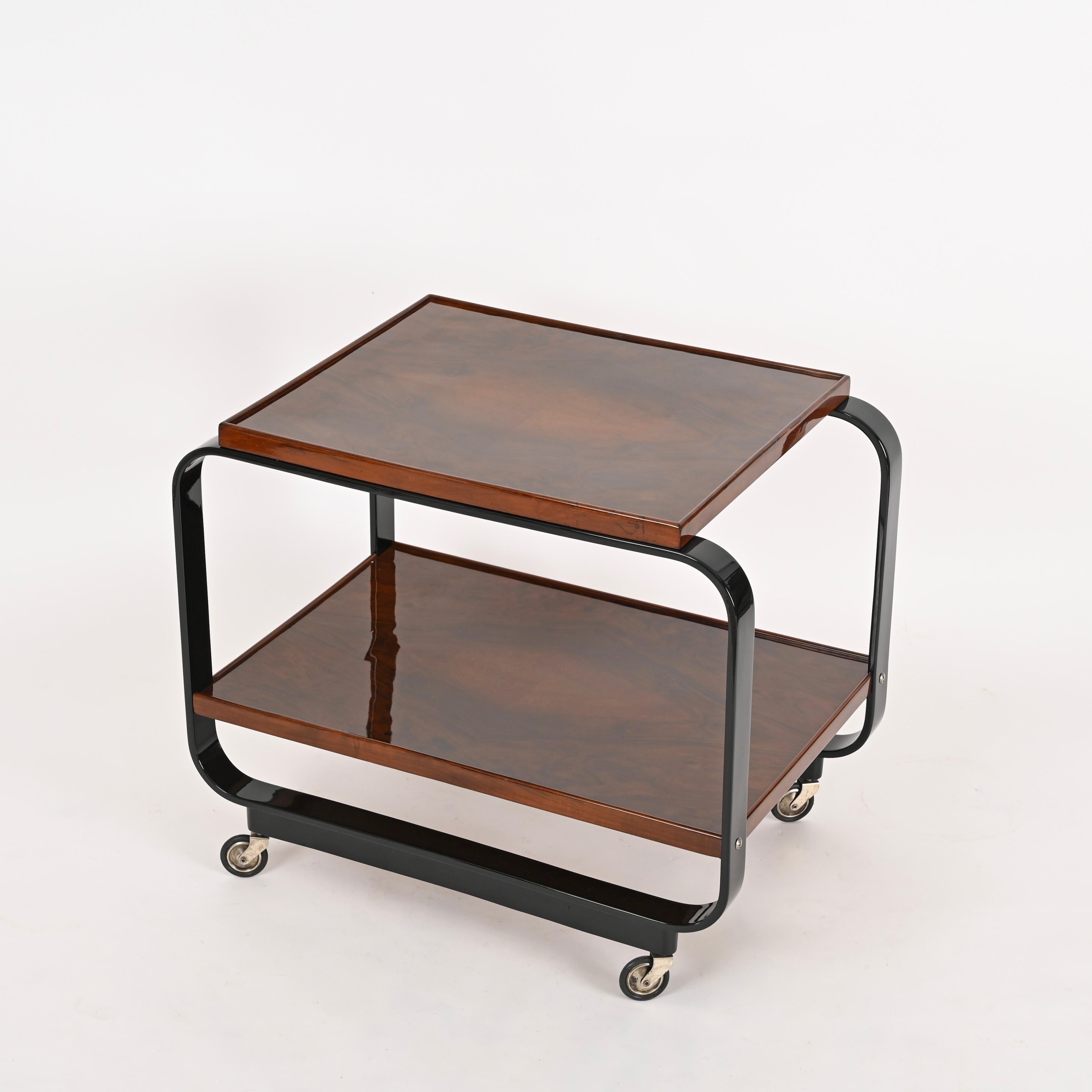 Serving Bar Cart by Gino Maggioni Signed, Bent Curly Walnut Wood, Italy, 1930s For Sale 3