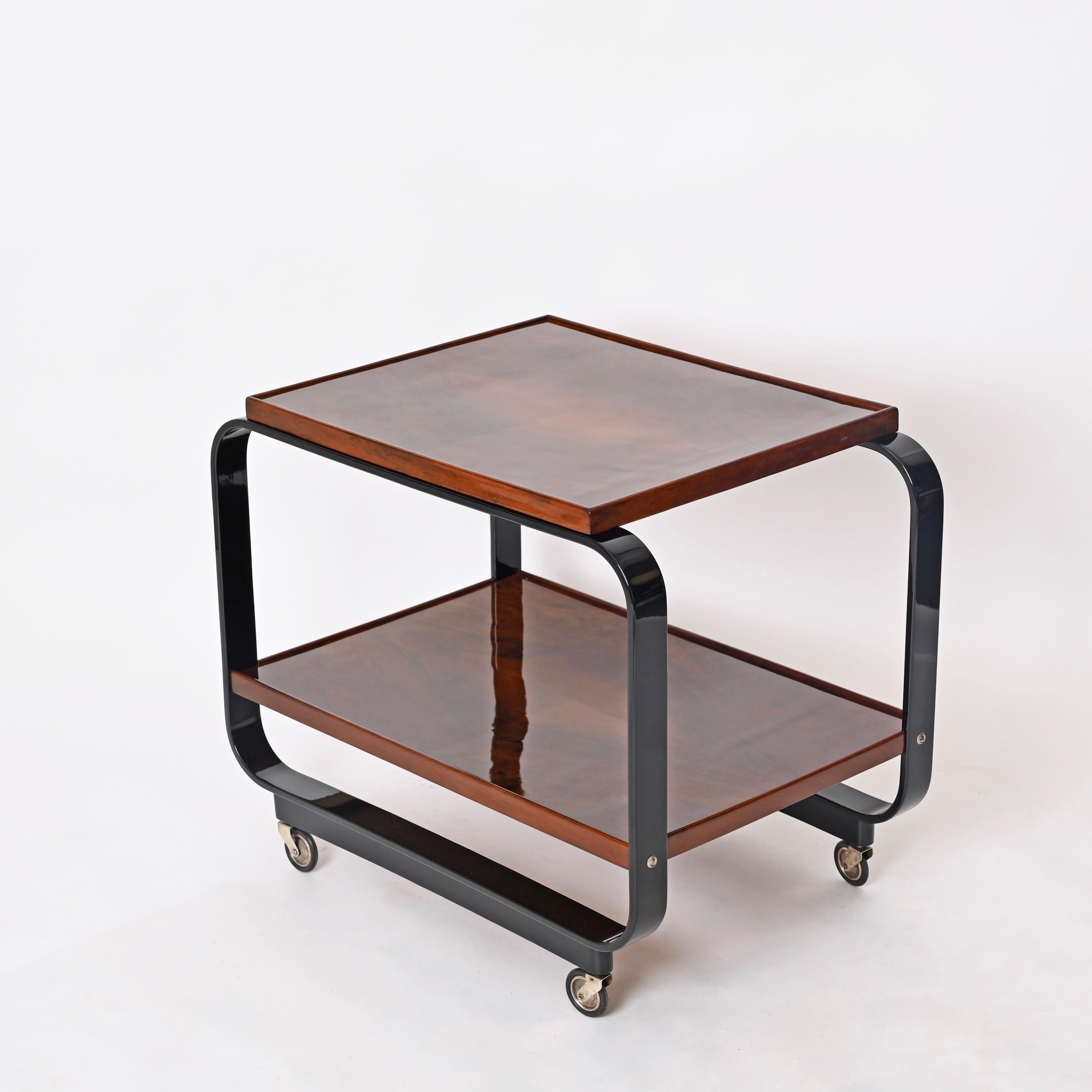 Serving Bar Cart by Gino Maggioni Signed, Bent Curly Walnut Wood, Italy, 1930s For Sale 5