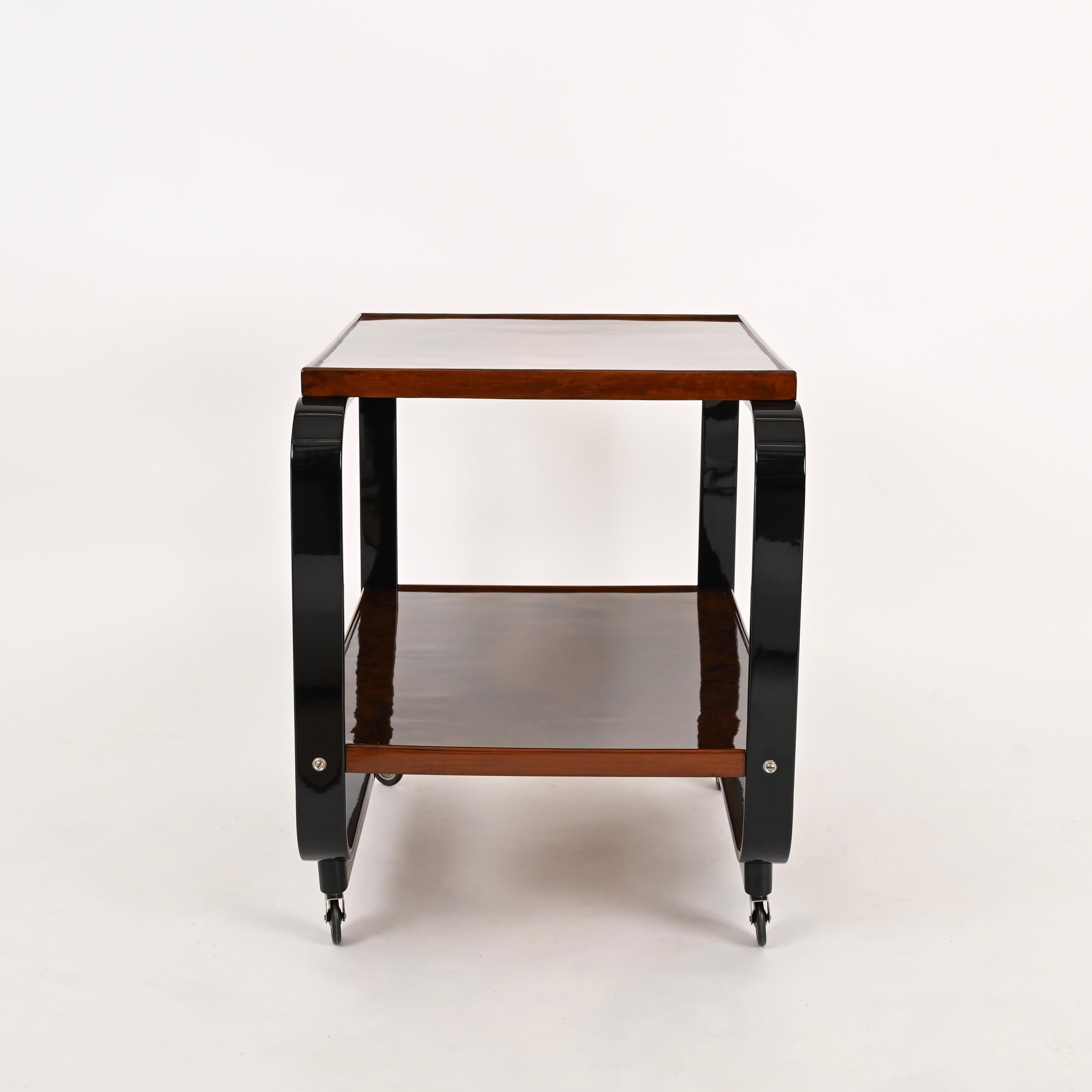 Serving Bar Cart by Gino Maggioni Signed, Bent Curly Walnut Wood, Italy, 1930s For Sale 8