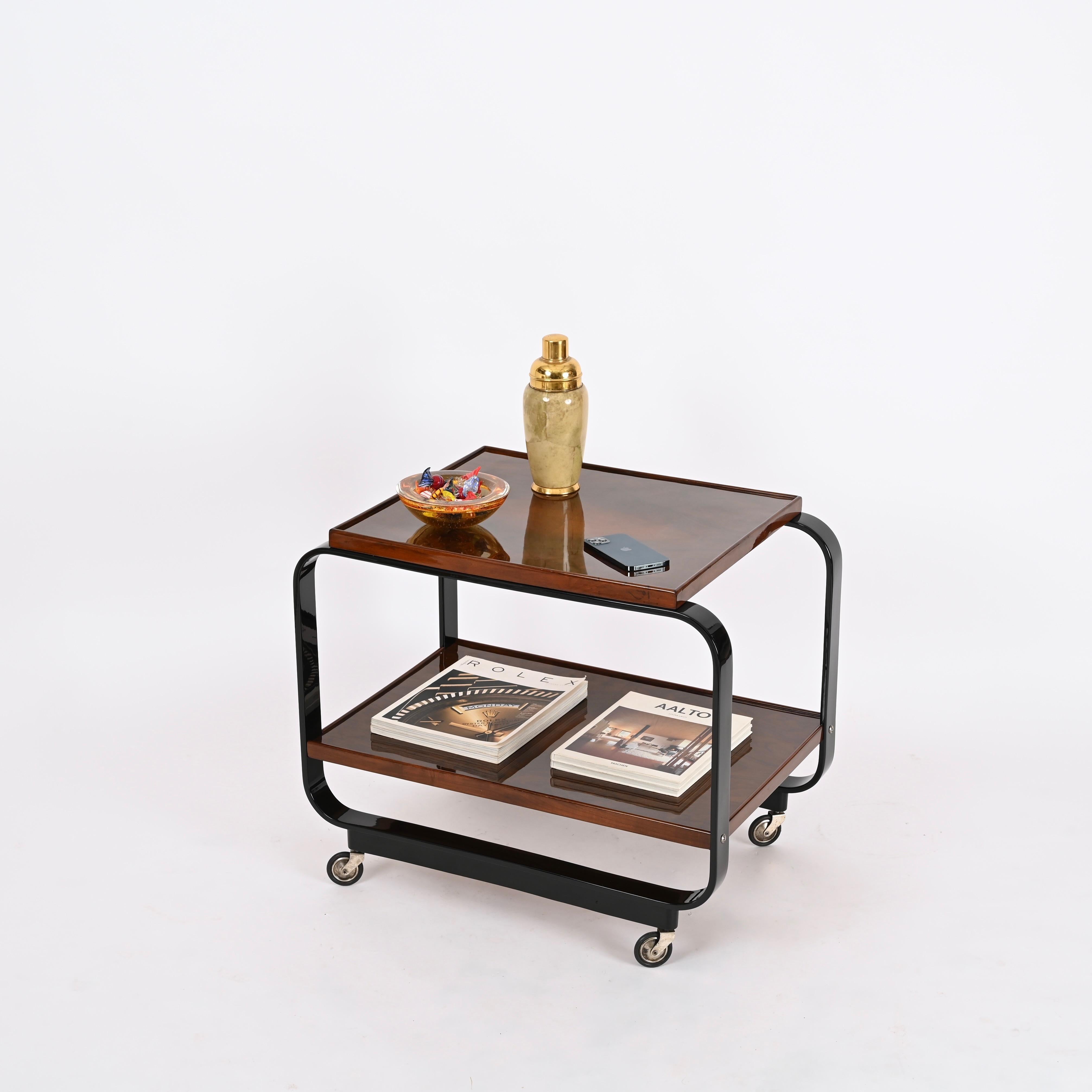 Mid-20th Century Serving Bar Cart by Gino Maggioni Signed, Bent Curly Walnut Wood, Italy, 1930s For Sale