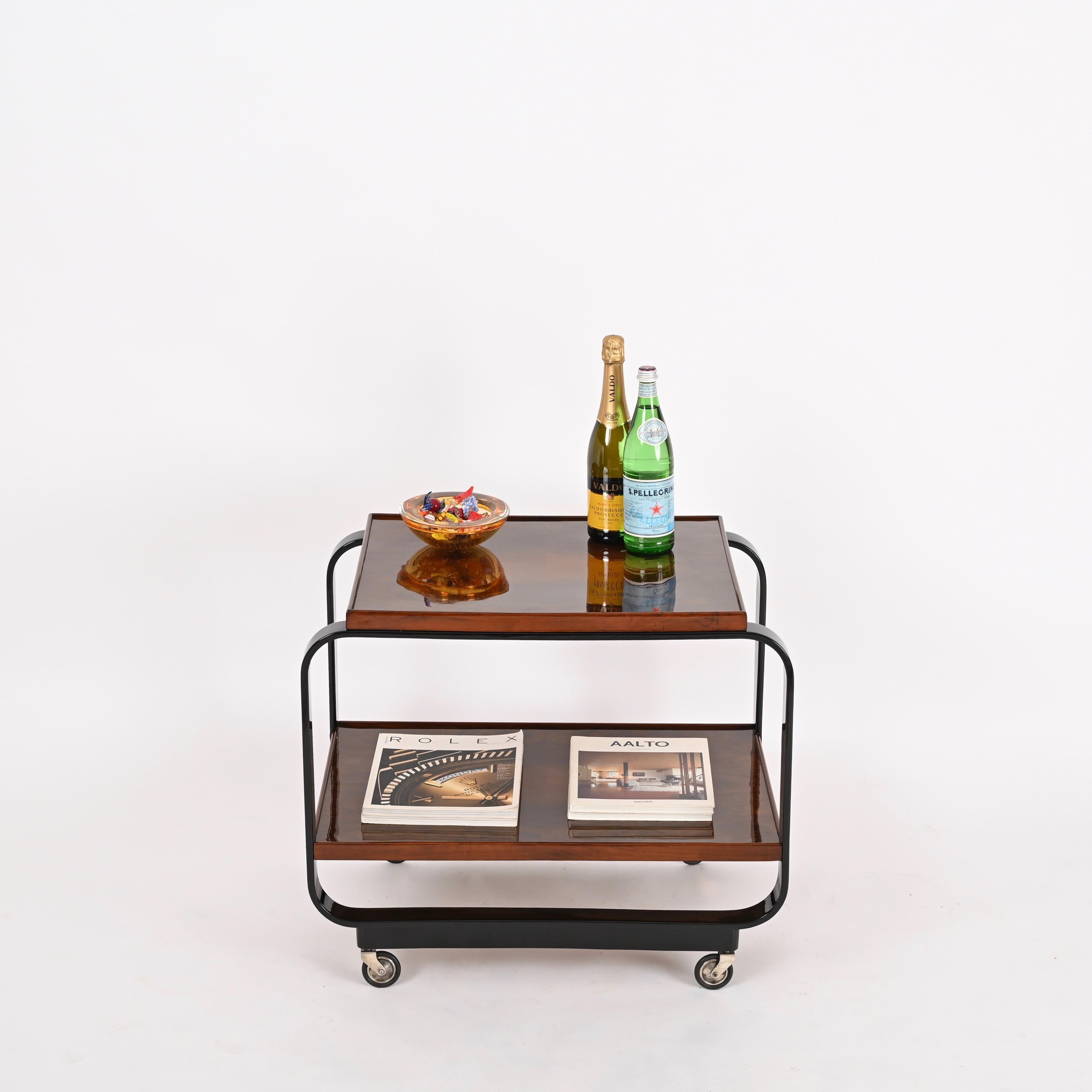 Chrome Serving Bar Cart by Gino Maggioni Signed, Bent Curly Walnut Wood, Italy, 1930s For Sale