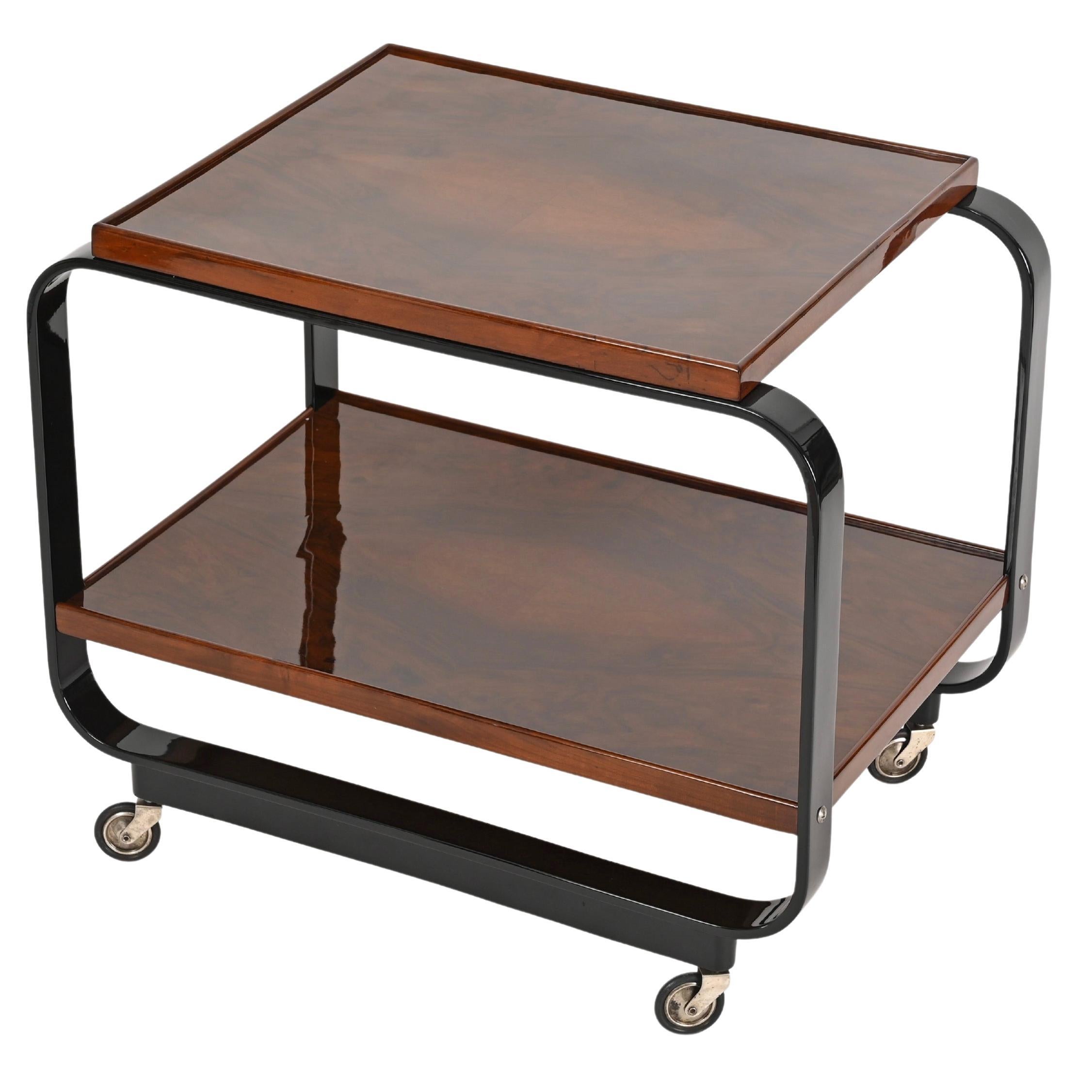 Serving Bar Cart by Gino Maggioni Signed, Bent Curly Walnut Wood, Italy, 1930s For Sale