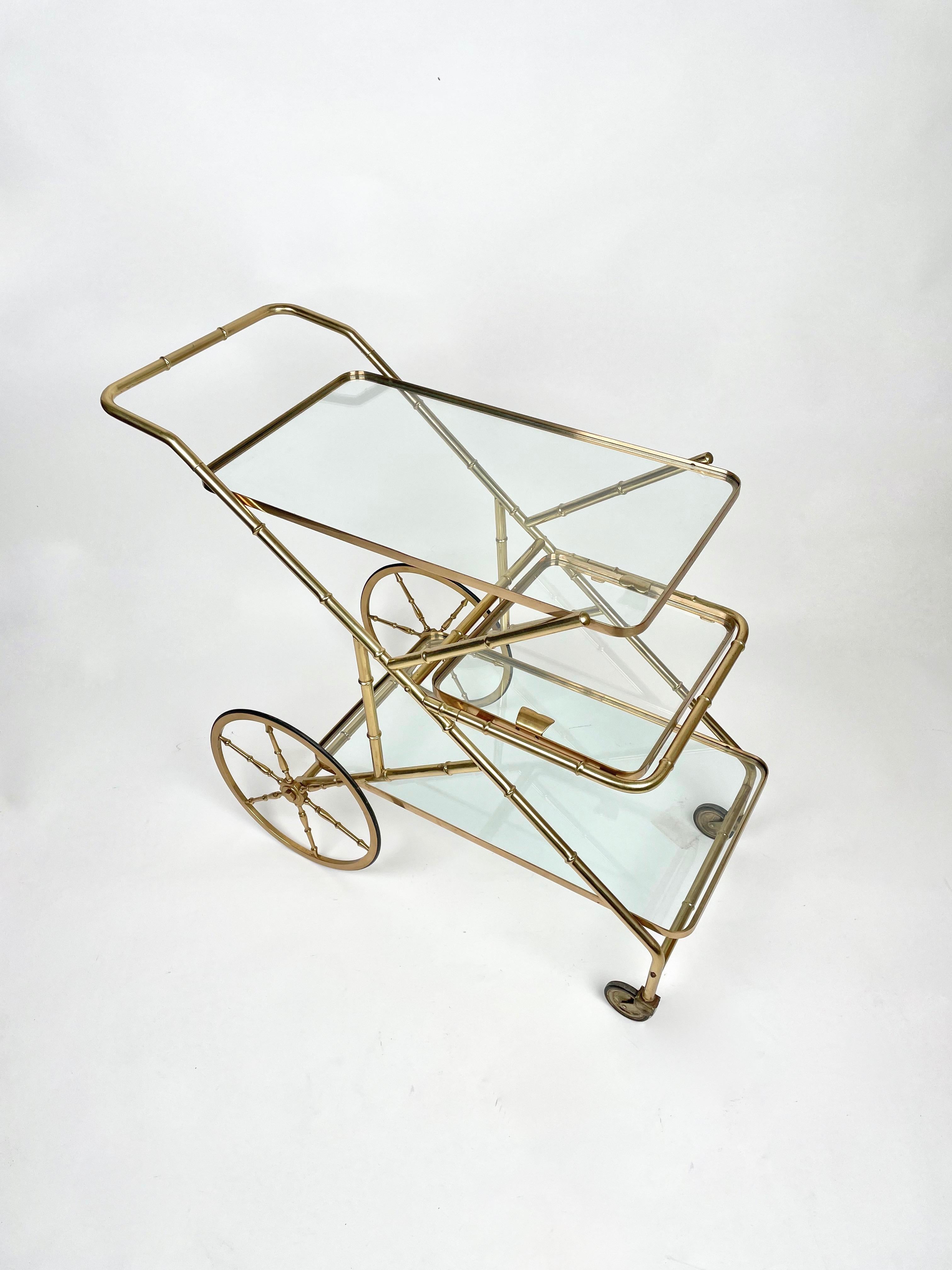 Italian Serving Bar Cart Faux Bamboo Brass & Glass, Italy, 1960s For Sale