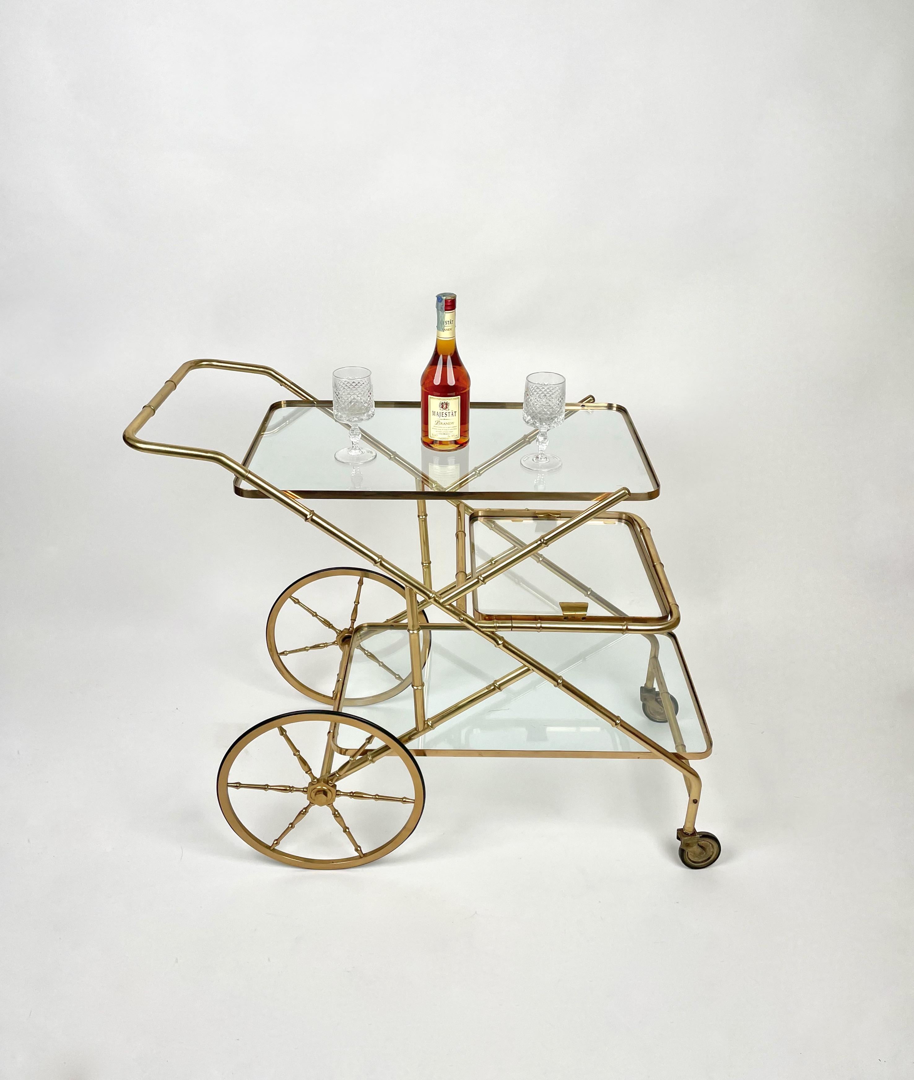 Mid-20th Century Serving Bar Cart Faux Bamboo Brass & Glass, Italy, 1960s For Sale
