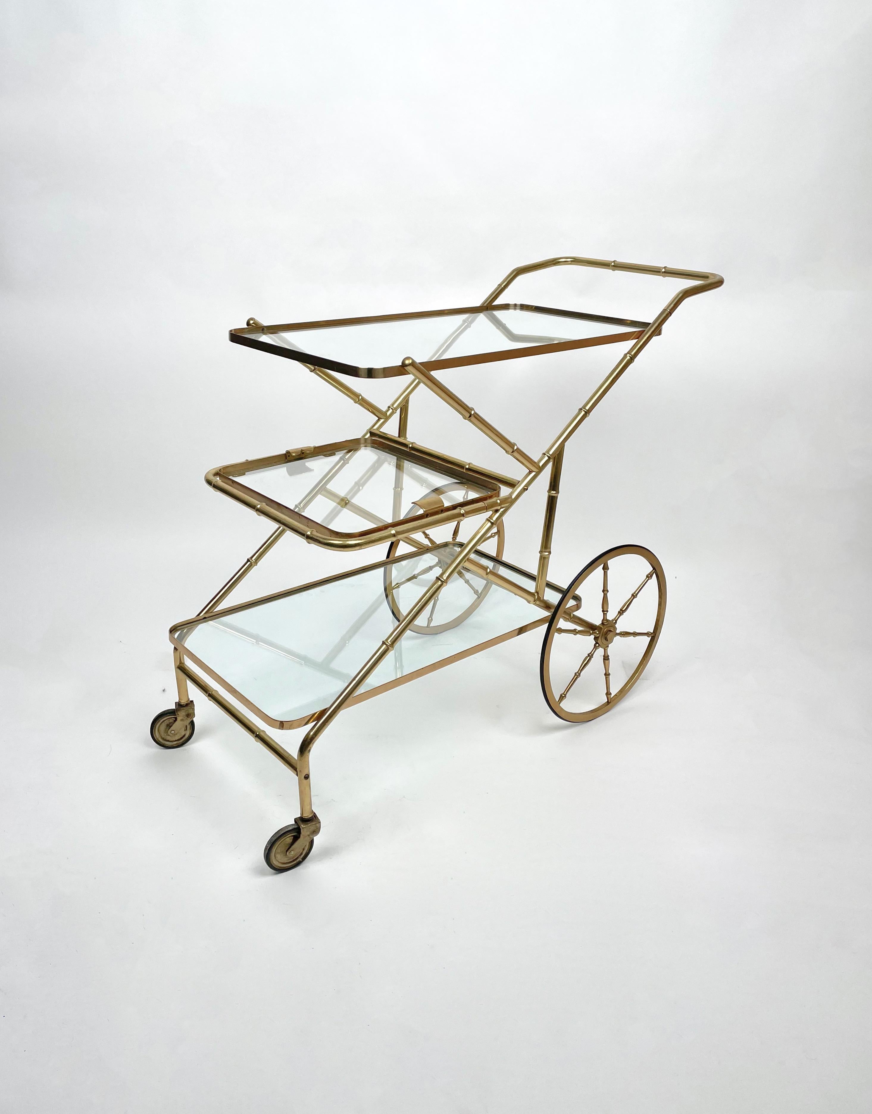Metal Serving Bar Cart Faux Bamboo Brass & Glass, Italy, 1960s For Sale