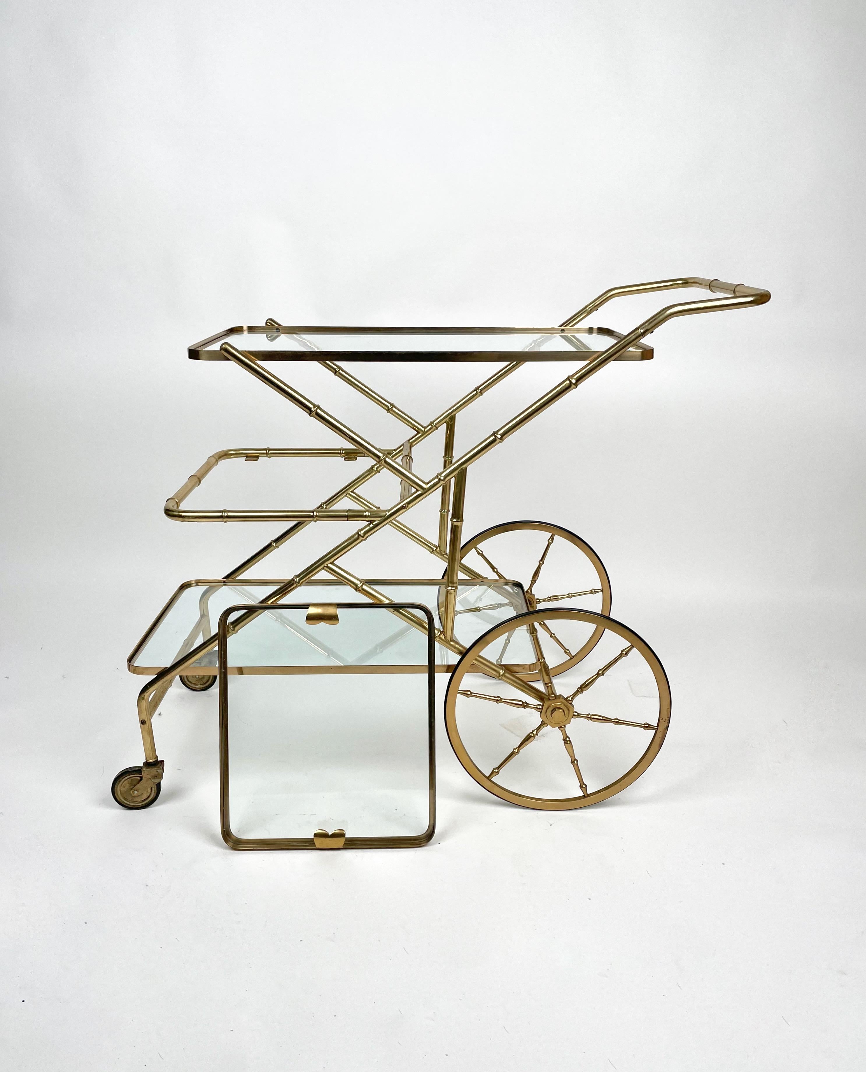 Serving Bar Cart Faux Bamboo Brass & Glass, Italy, 1960s For Sale 1