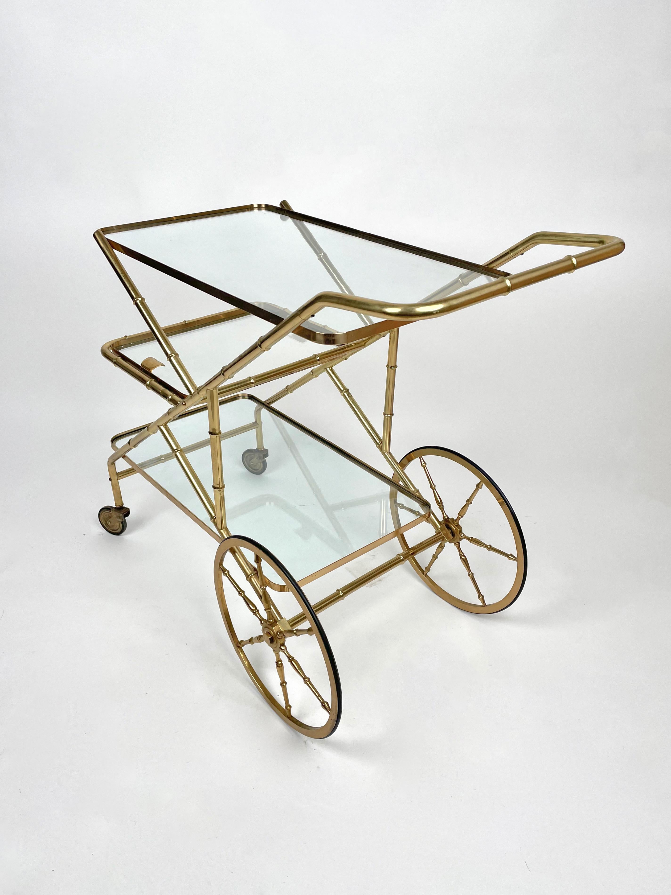 Serving Bar Cart Faux Bamboo Brass & Glass, Italy, 1960s For Sale 2