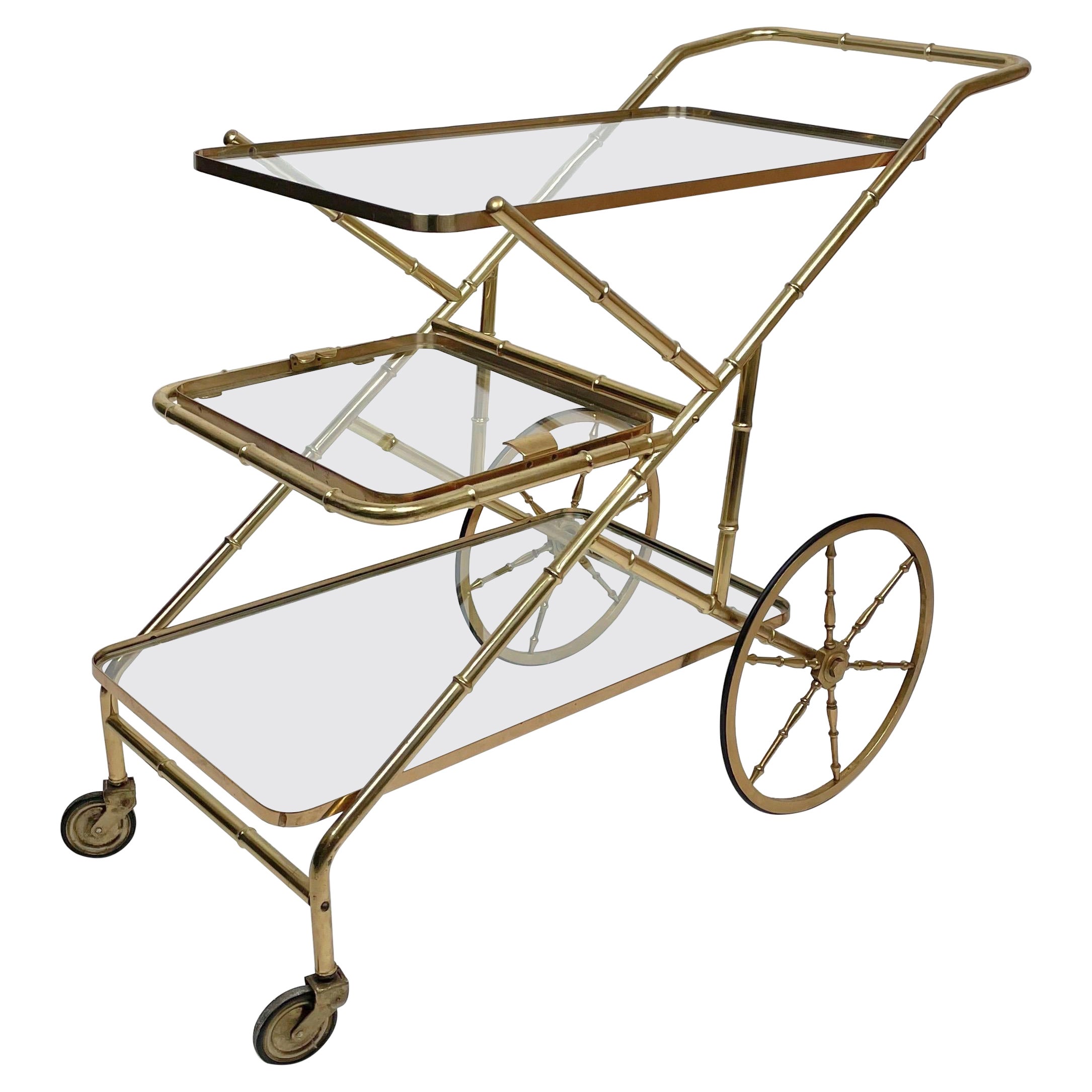 Carrito de bar para servir Faux Bambú Latón y Cristal, Italia, años 60