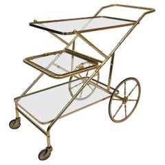 Carrito de bar para servir Faux Bambú Latón y Cristal, Italia, años 60