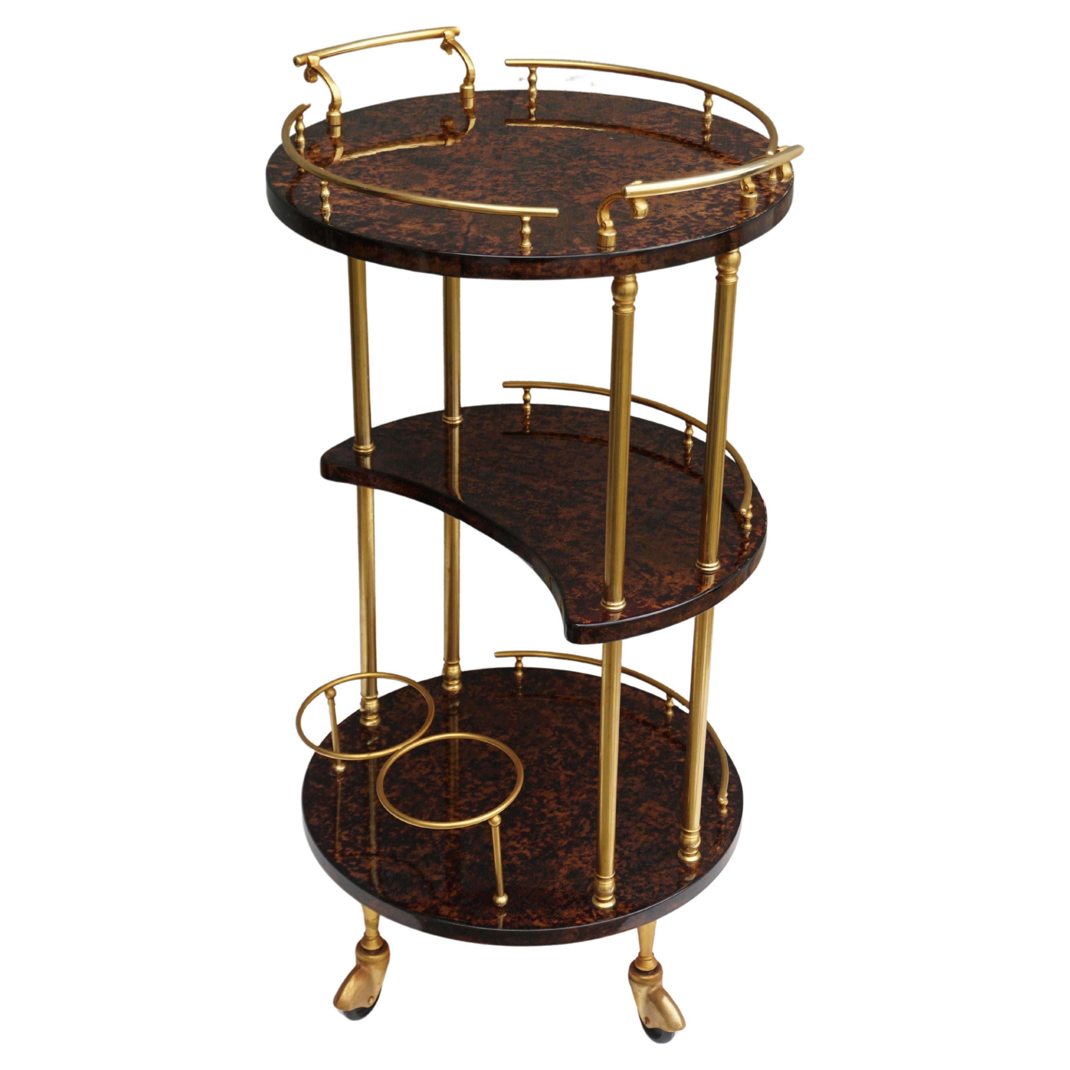 Aldo Tura bar cart lacquered in goatskin with golden brass applications. The wooden frame is covered with brown colored goatskin, varnished in clear acrylic. Along with artists like Piero Fornasetti and Carlo Bugatti, Aldo Tura (1909-1963)