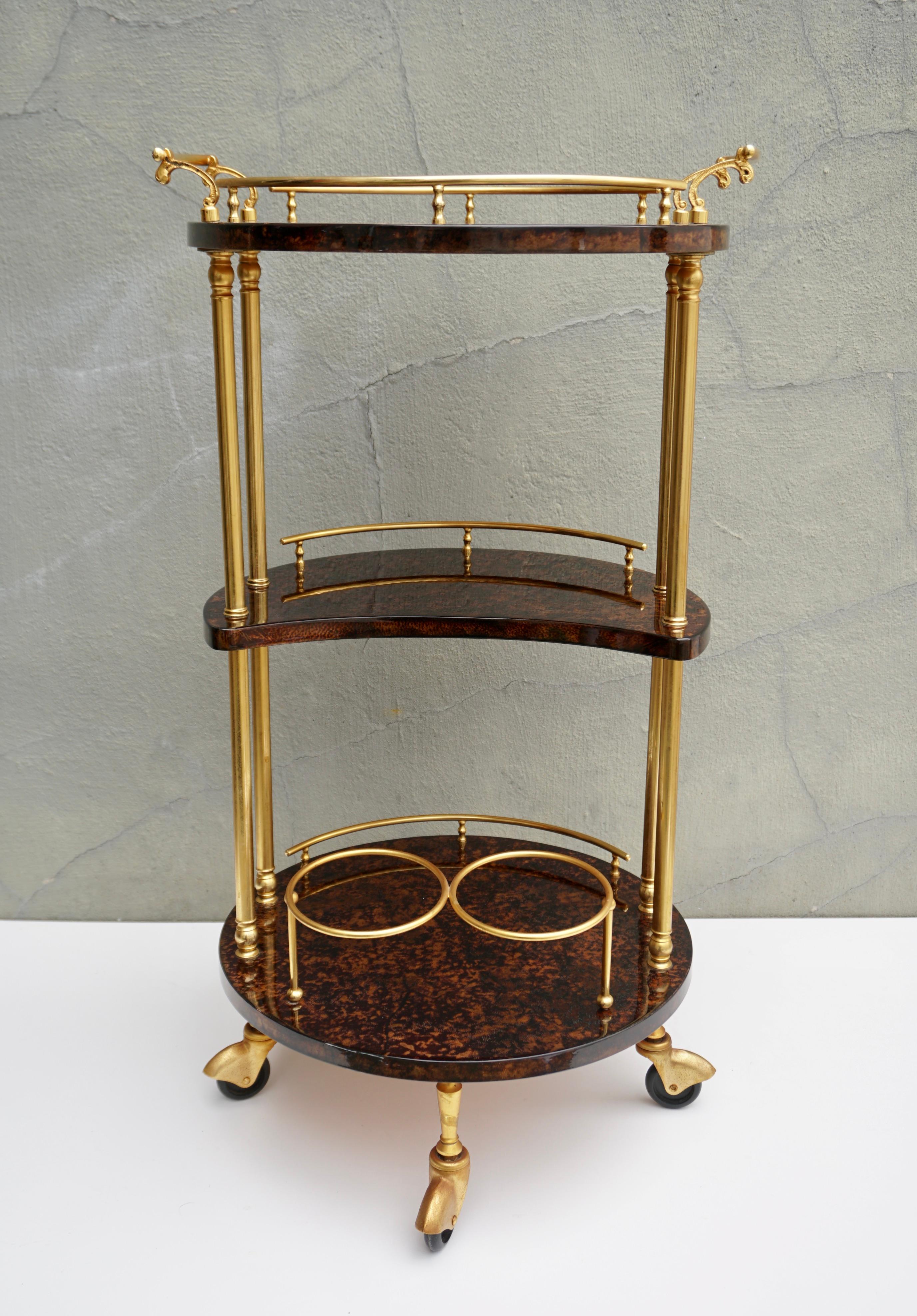 Hollywood Regency Serving Bar Cart Goatskin and Brass by Aldo Tura, Italy 1960s For Sale
