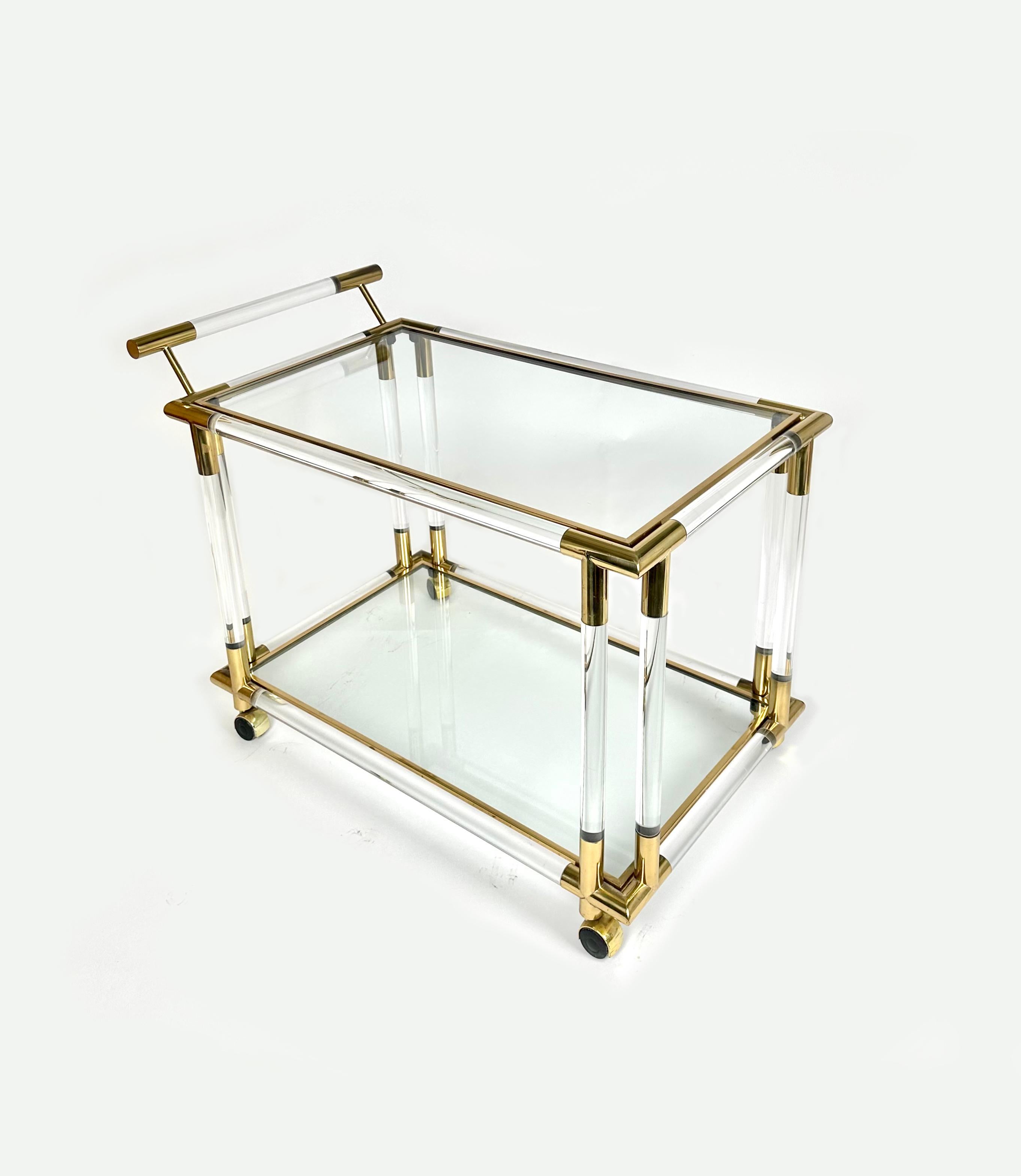 Italian Serving Bar Cart in Lucite and Brass Charles Hollis Jones Style, Italy, 1970s For Sale