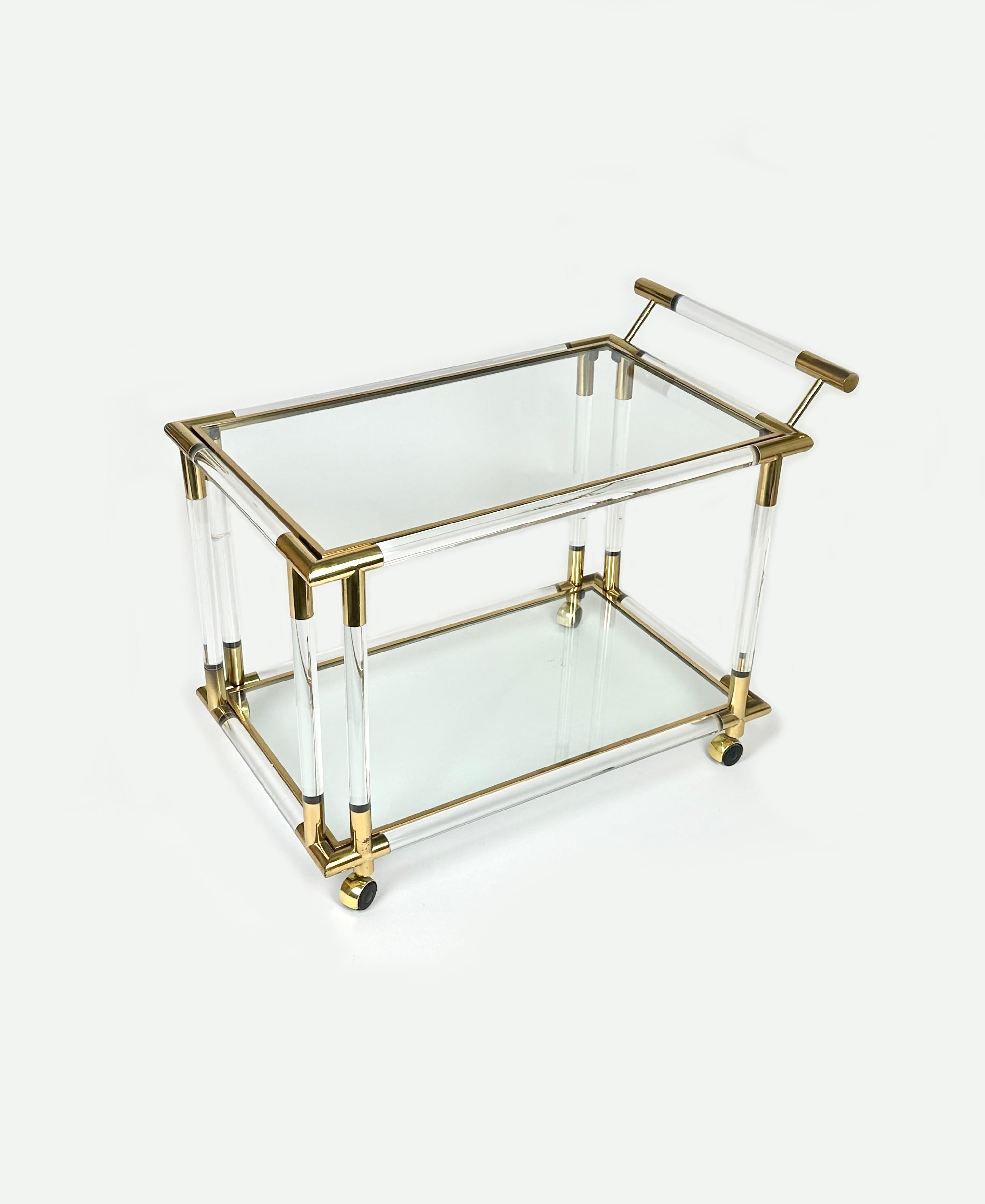 Metal Serving Bar Cart in Lucite and Brass Charles Hollis Jones Style, Italy, 1970s For Sale