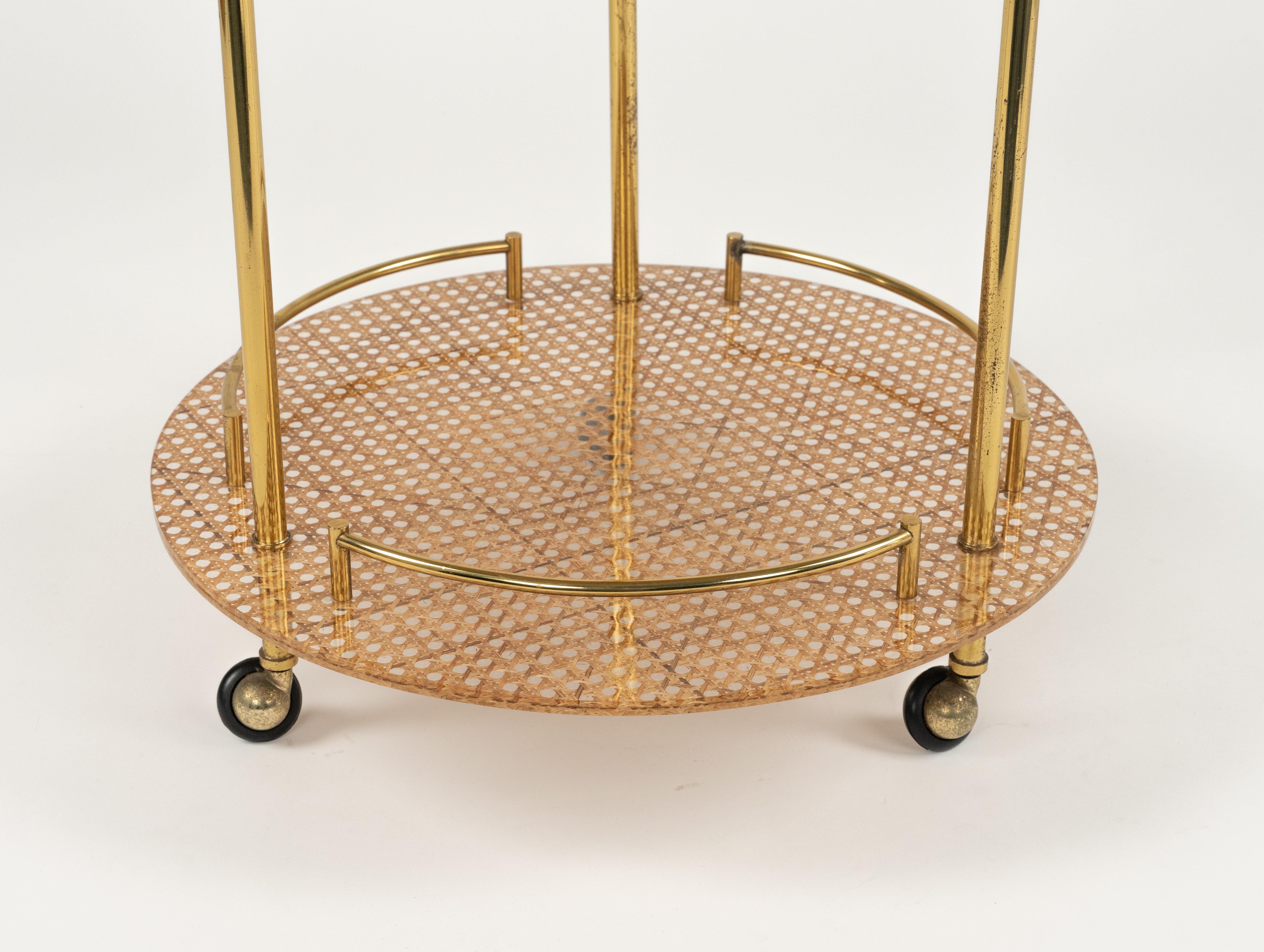 Serving Bar Cart in Lucite, Brass and Rattan Christian Dior Style, Italy 1970s For Sale 5