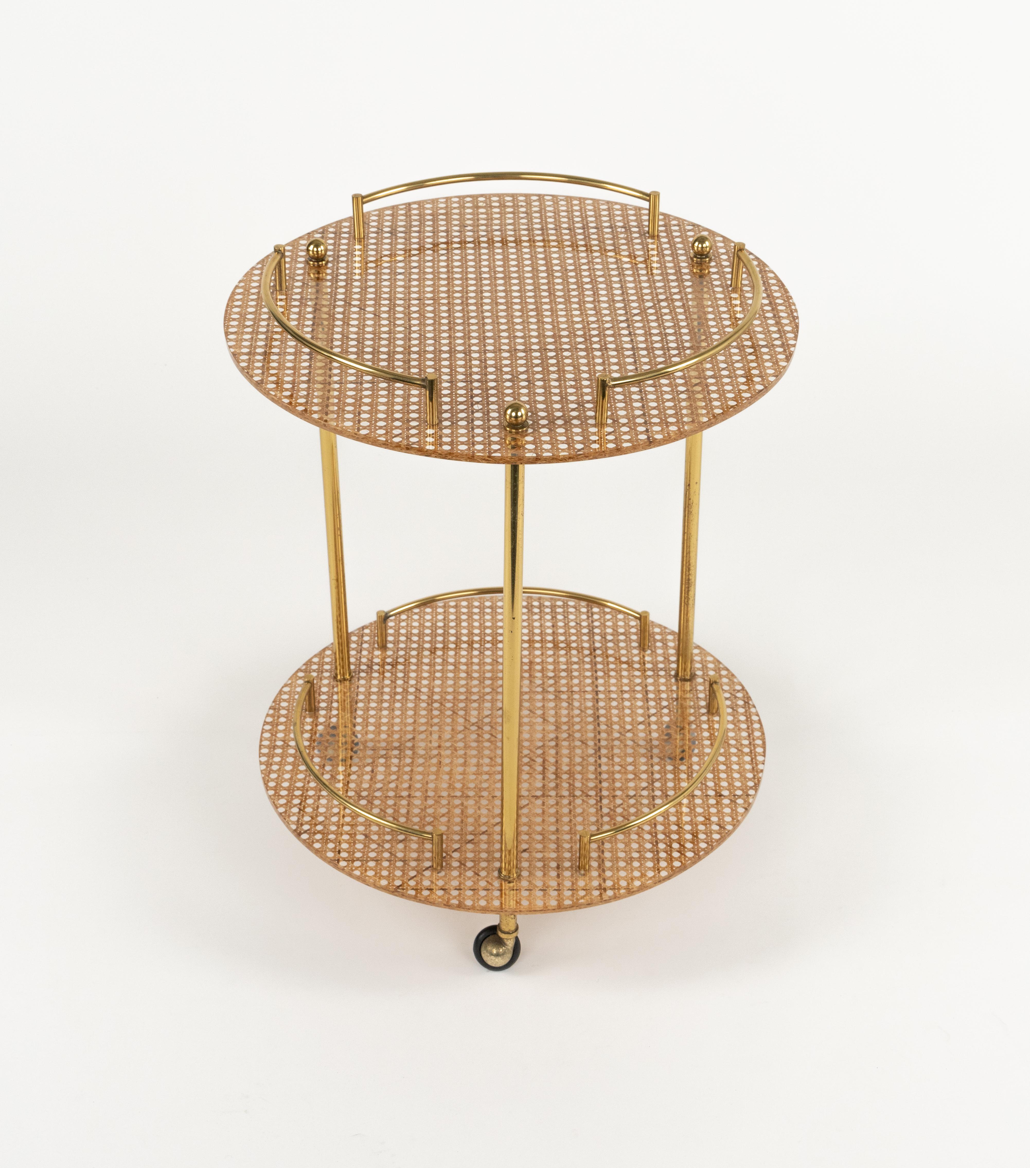 Mid-Century Modern Serving Bar Cart in Lucite, Brass and Rattan Christian Dior Style, Italy 1970s For Sale