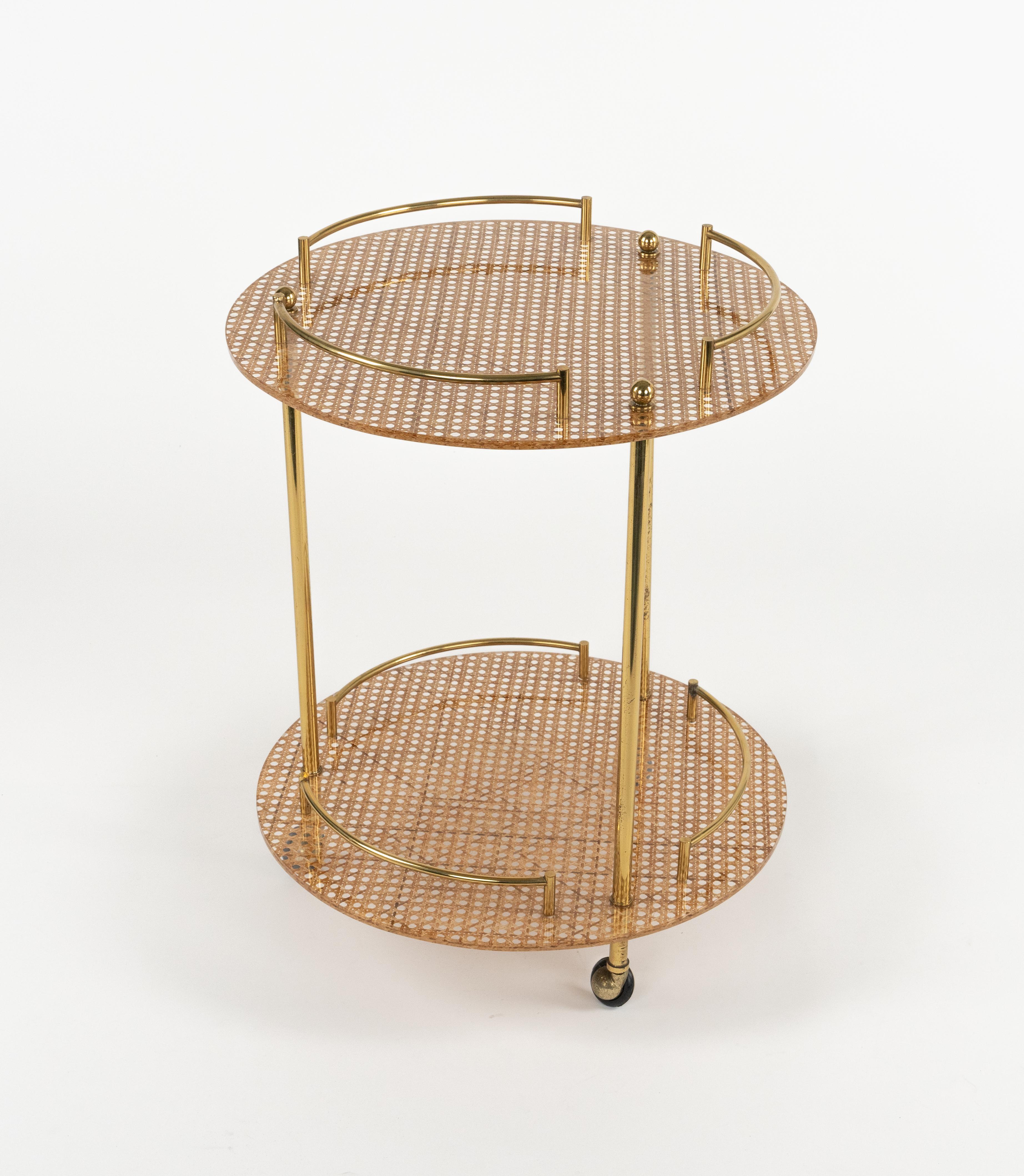 Italian Serving Bar Cart in Lucite, Brass and Rattan Christian Dior Style, Italy 1970s For Sale