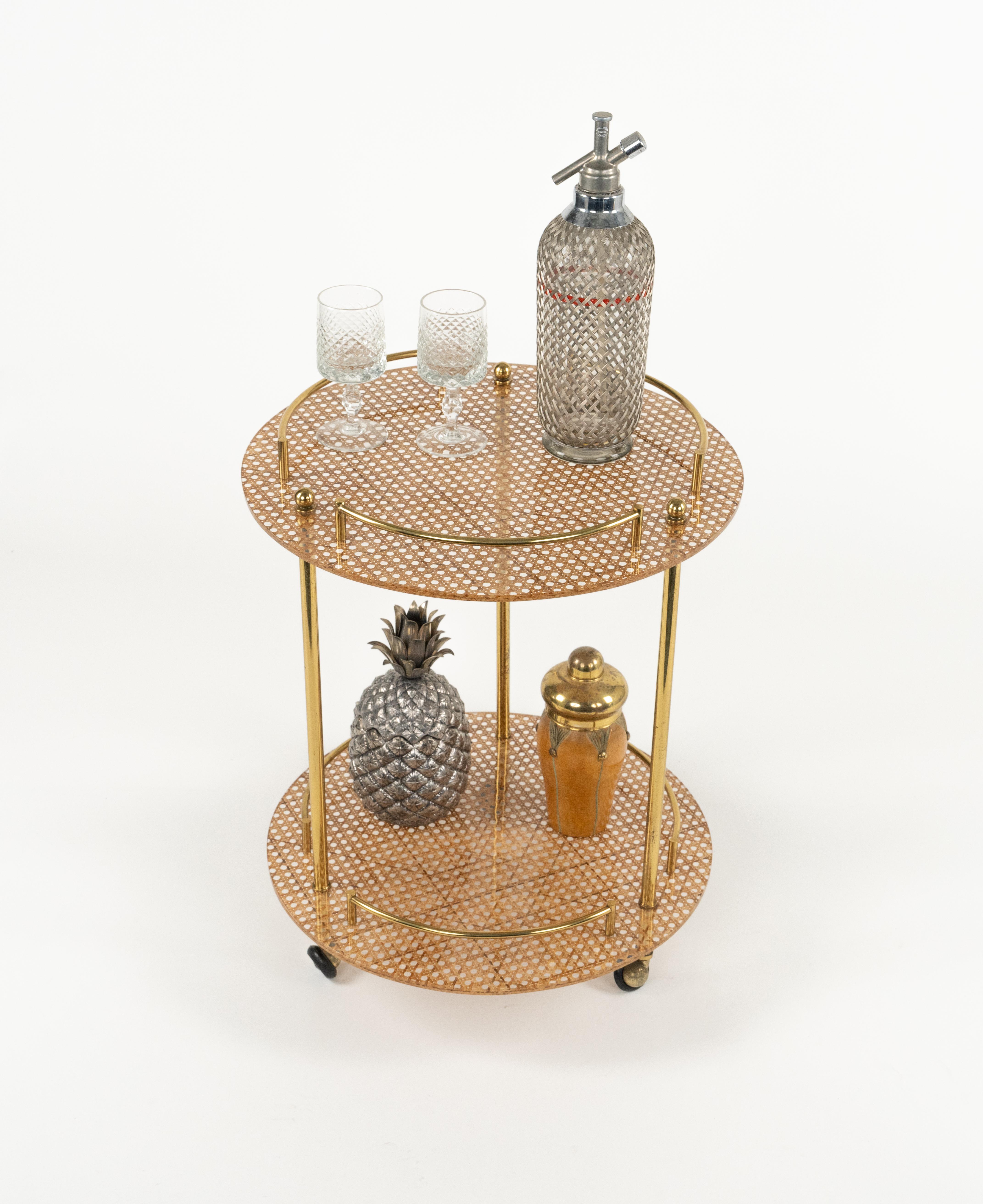 Late 20th Century Serving Bar Cart in Lucite, Brass and Rattan Christian Dior Style, Italy 1970s For Sale