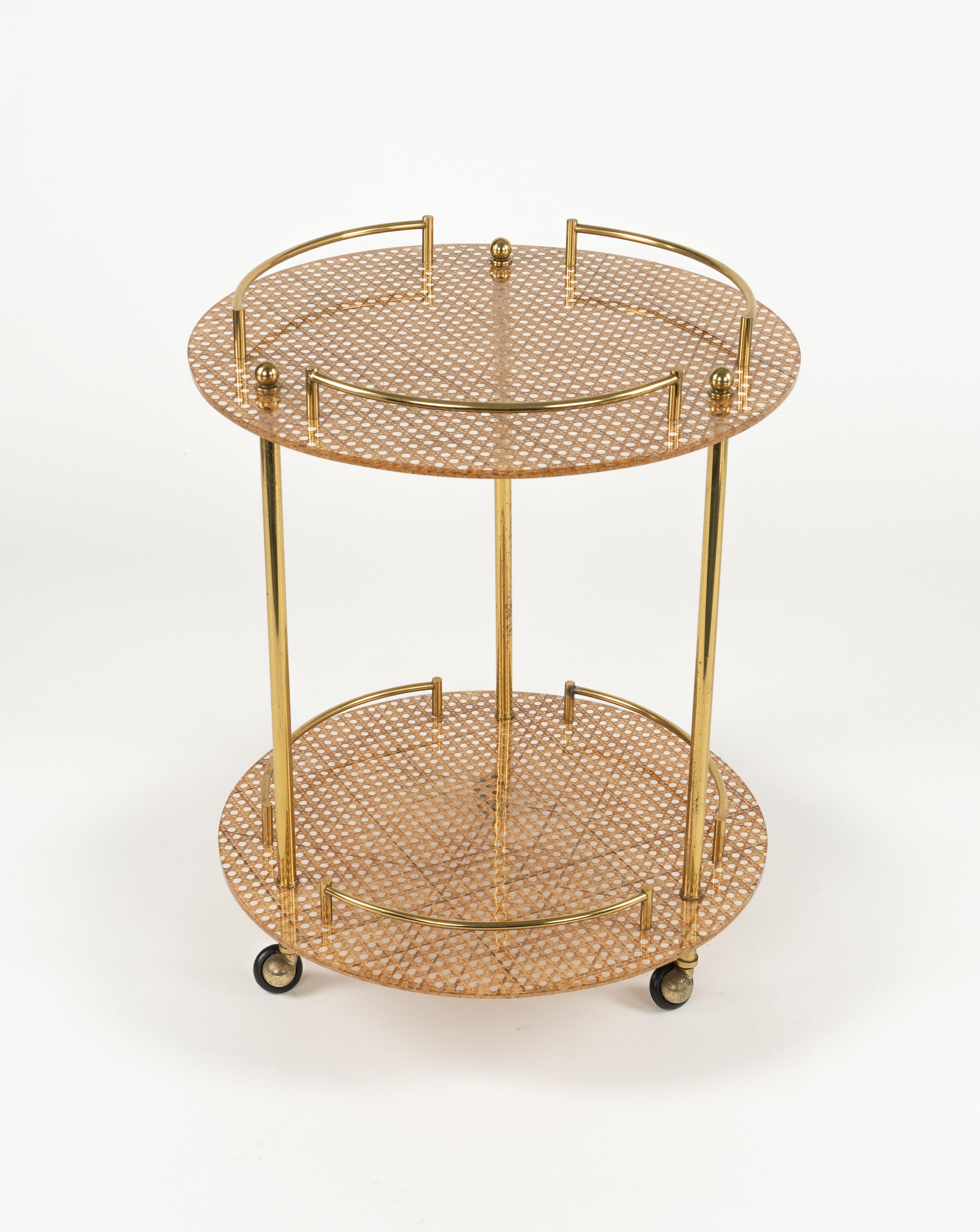 Metal Serving Bar Cart in Lucite, Brass and Rattan Christian Dior Style, Italy 1970s For Sale