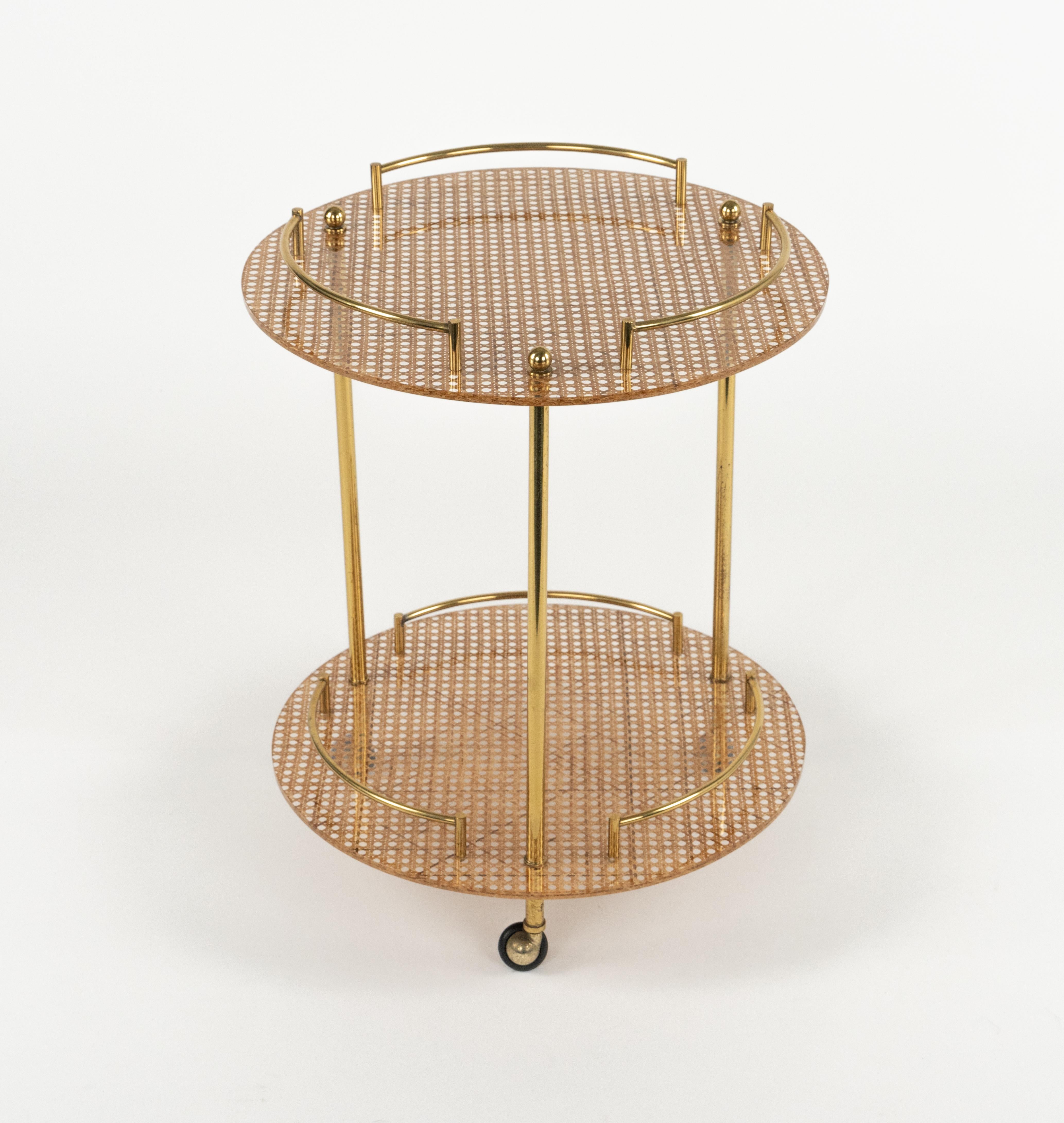 Serving Bar Cart in Lucite, Brass and Rattan Christian Dior Style, Italy 1970s For Sale 1
