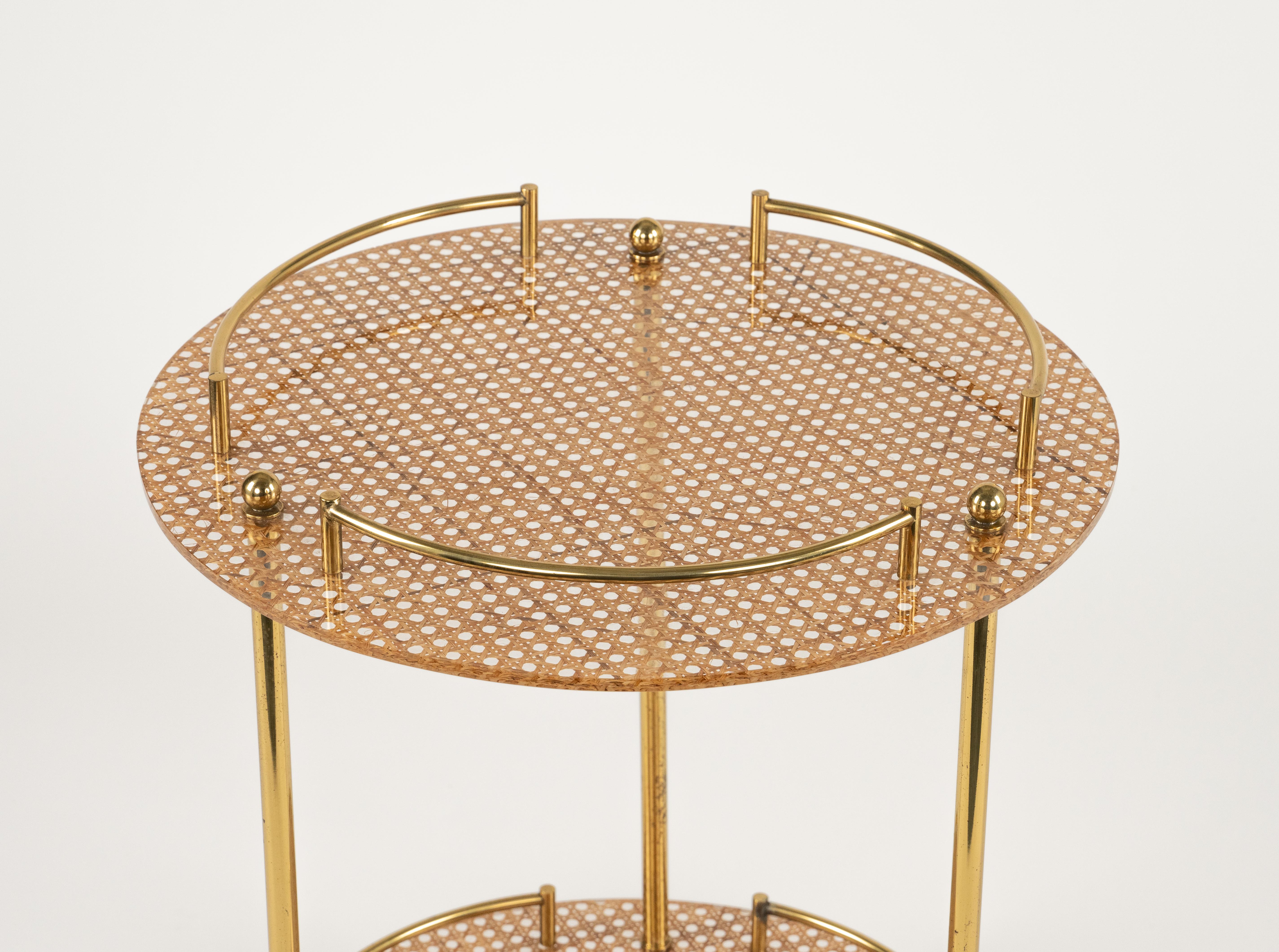 Serving Bar Cart in Lucite, Brass and Rattan Christian Dior Style, Italy 1970s For Sale 2
