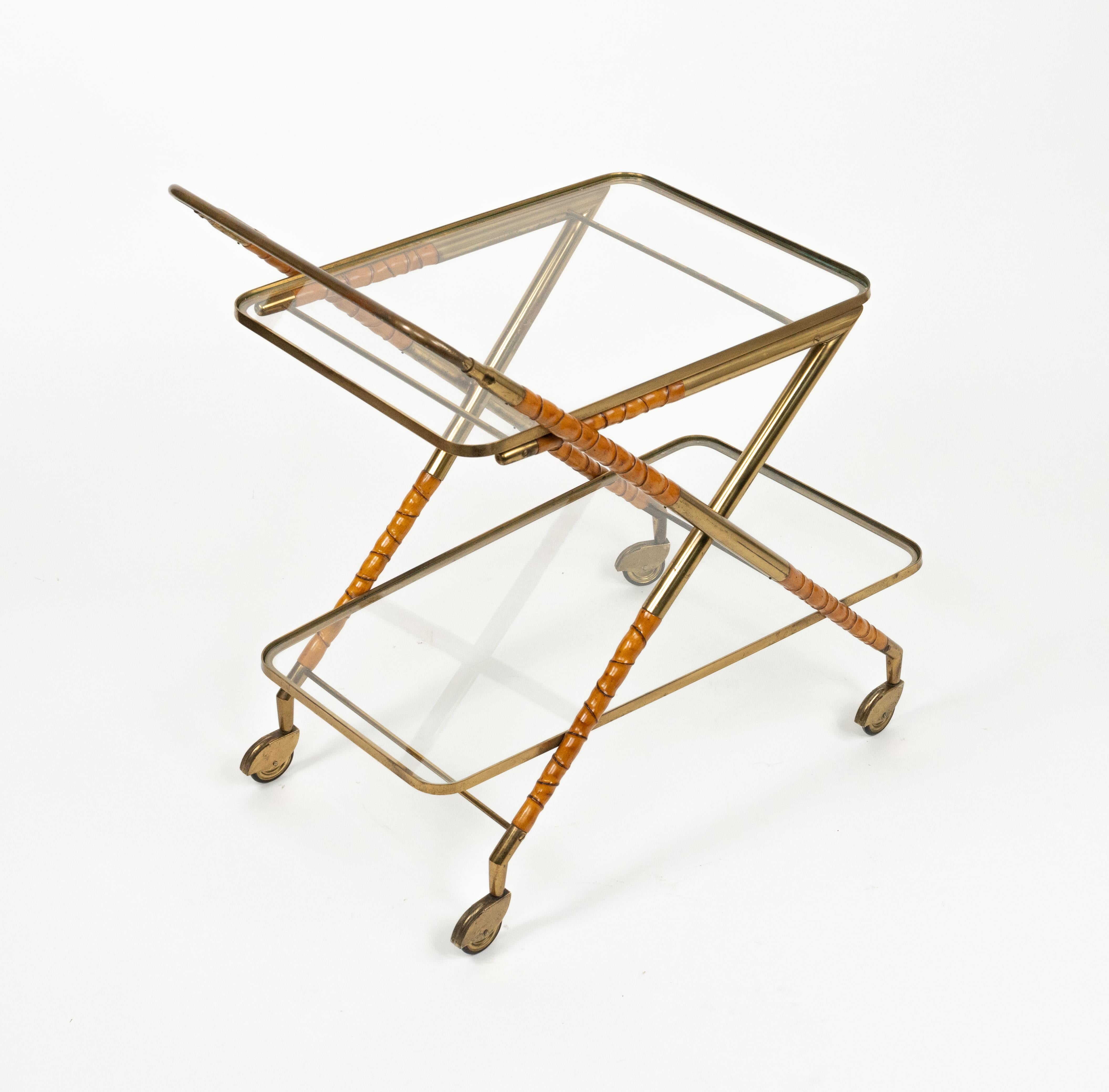 Serving Bar Cart in Wood Faux Bamboo, Brass & Glass by Cesare Lacca, Italy 1950s For Sale 3