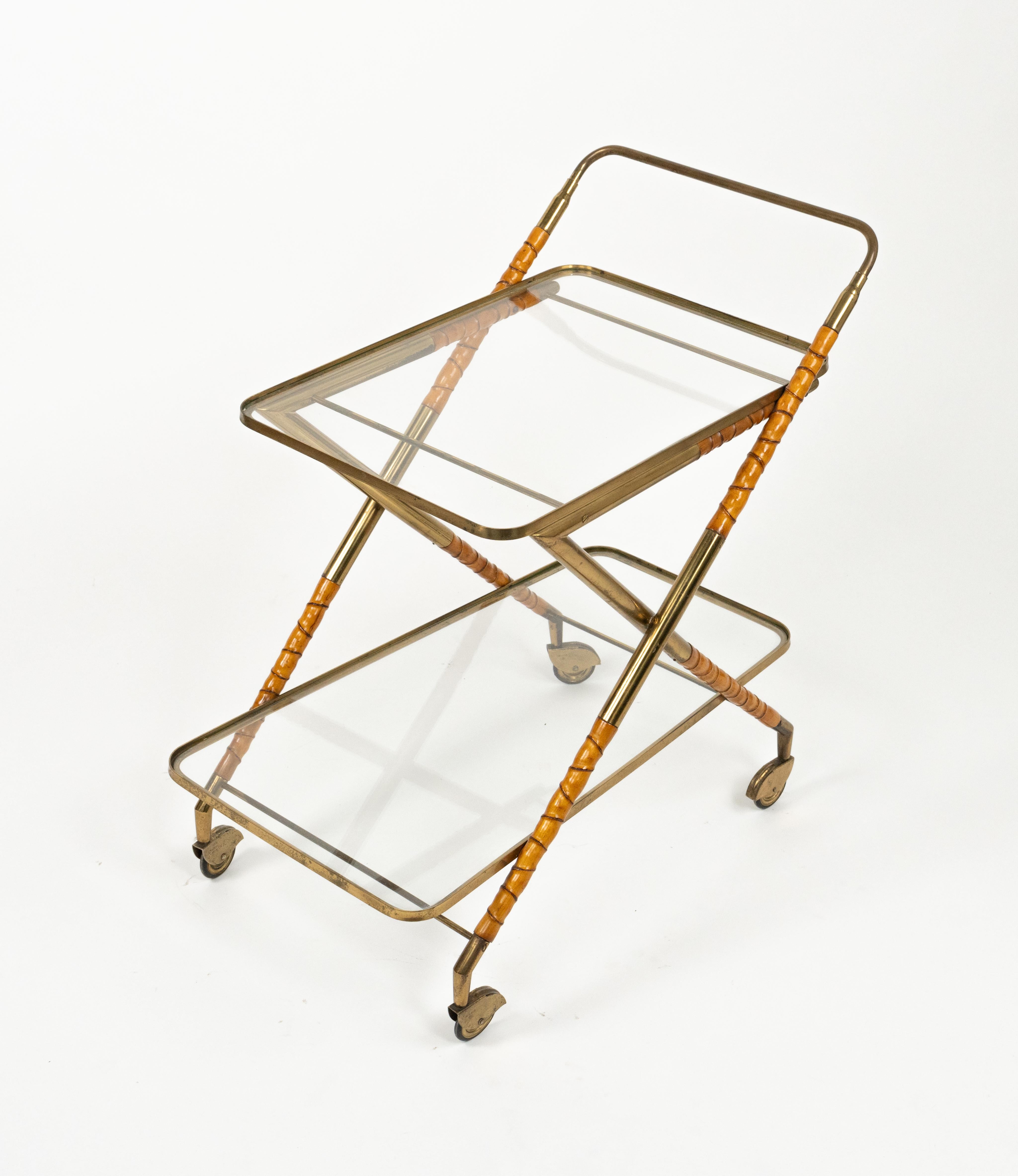 Serving Bar Cart in Wood Faux Bamboo, Brass & Glass by Cesare Lacca, Italy 1950s For Sale 4