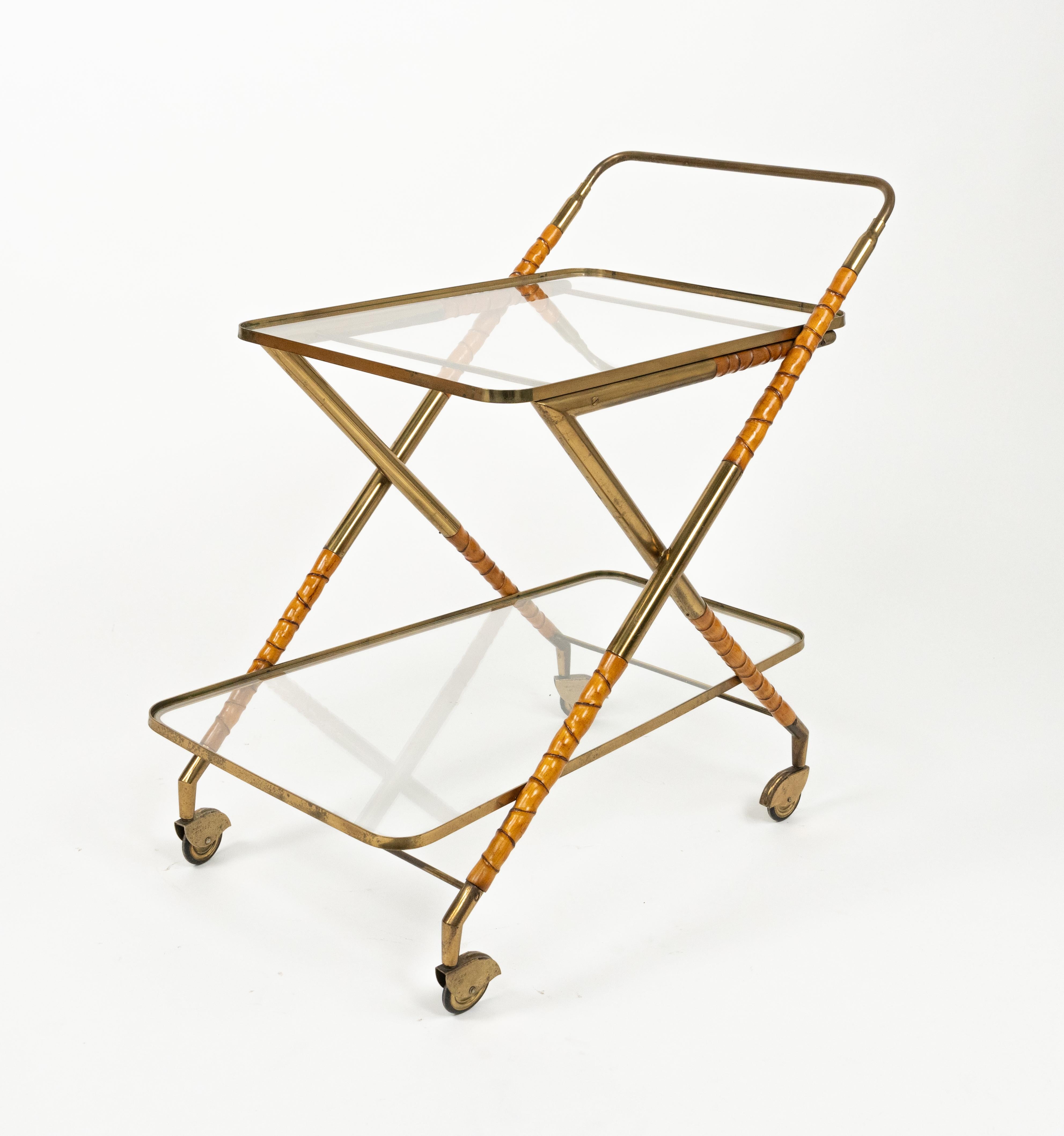 Serving Bar Cart in Wood Faux Bamboo, Brass & Glass by Cesare Lacca, Italy 1950s For Sale 5