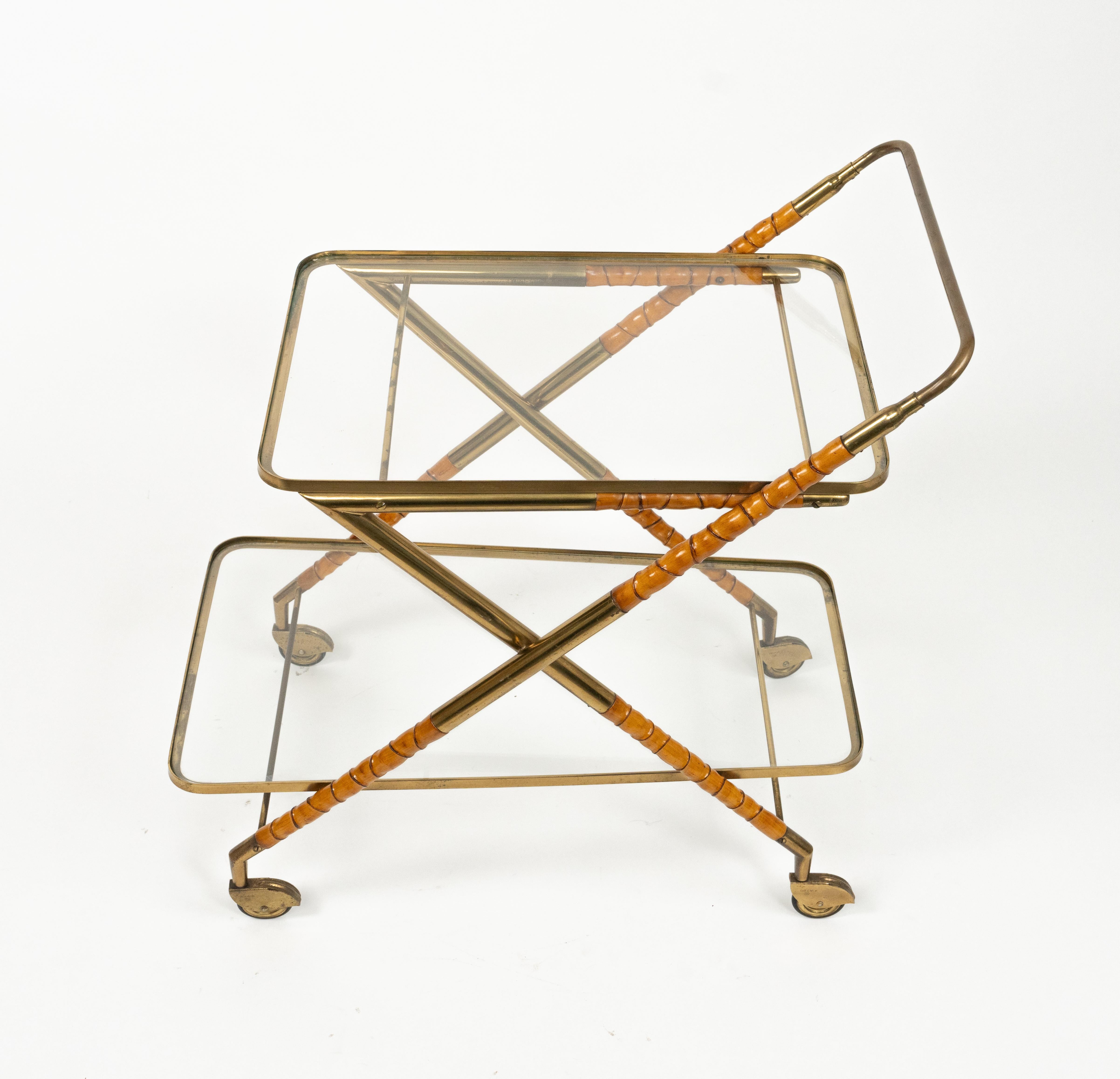 Serving Bar Cart in Wood Faux Bamboo, Brass & Glass by Cesare Lacca, Italy 1950s For Sale 7