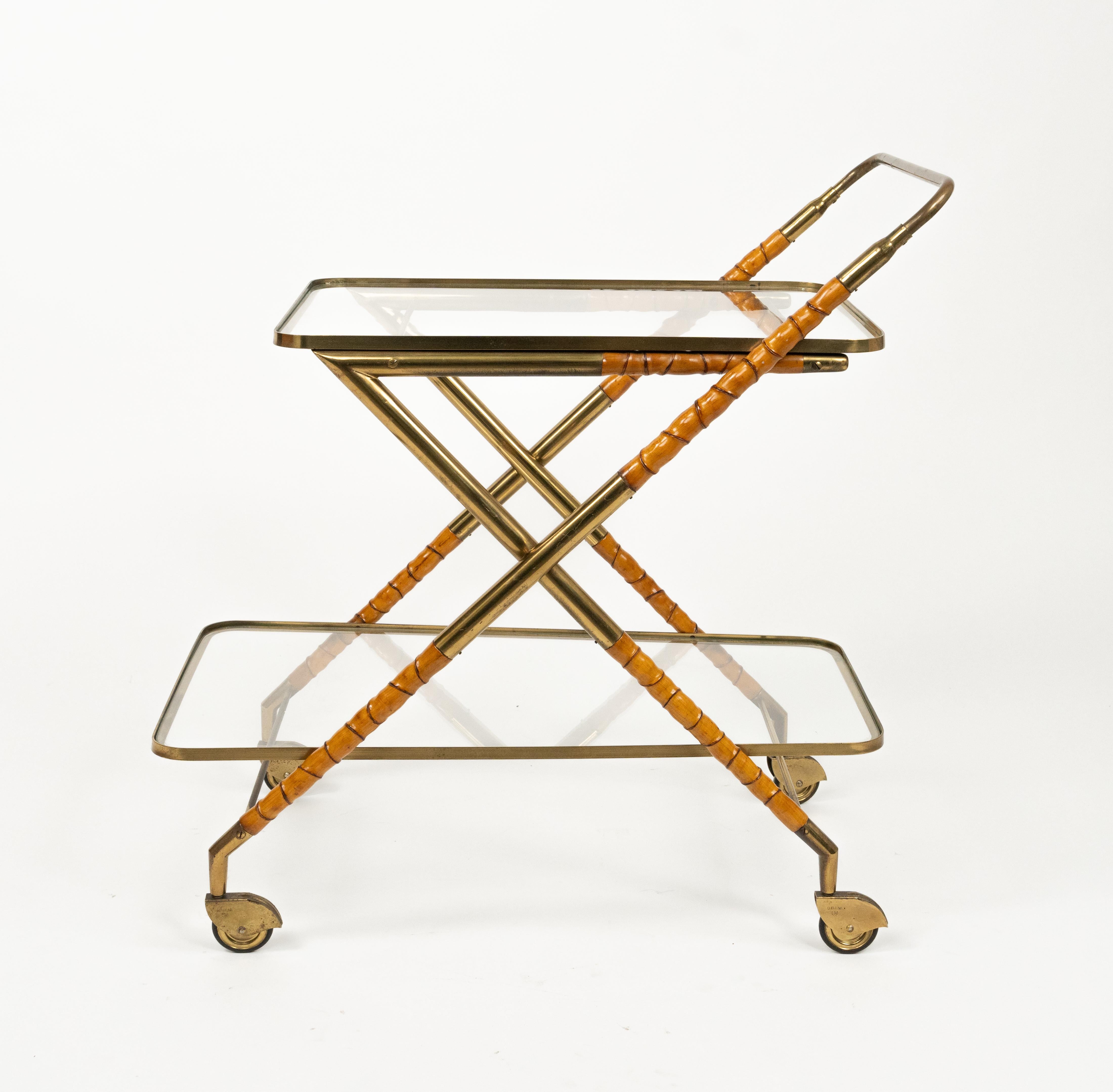 Serving Bar Cart in Wood Faux Bamboo, Brass & Glass by Cesare Lacca, Italy 1950s For Sale 8