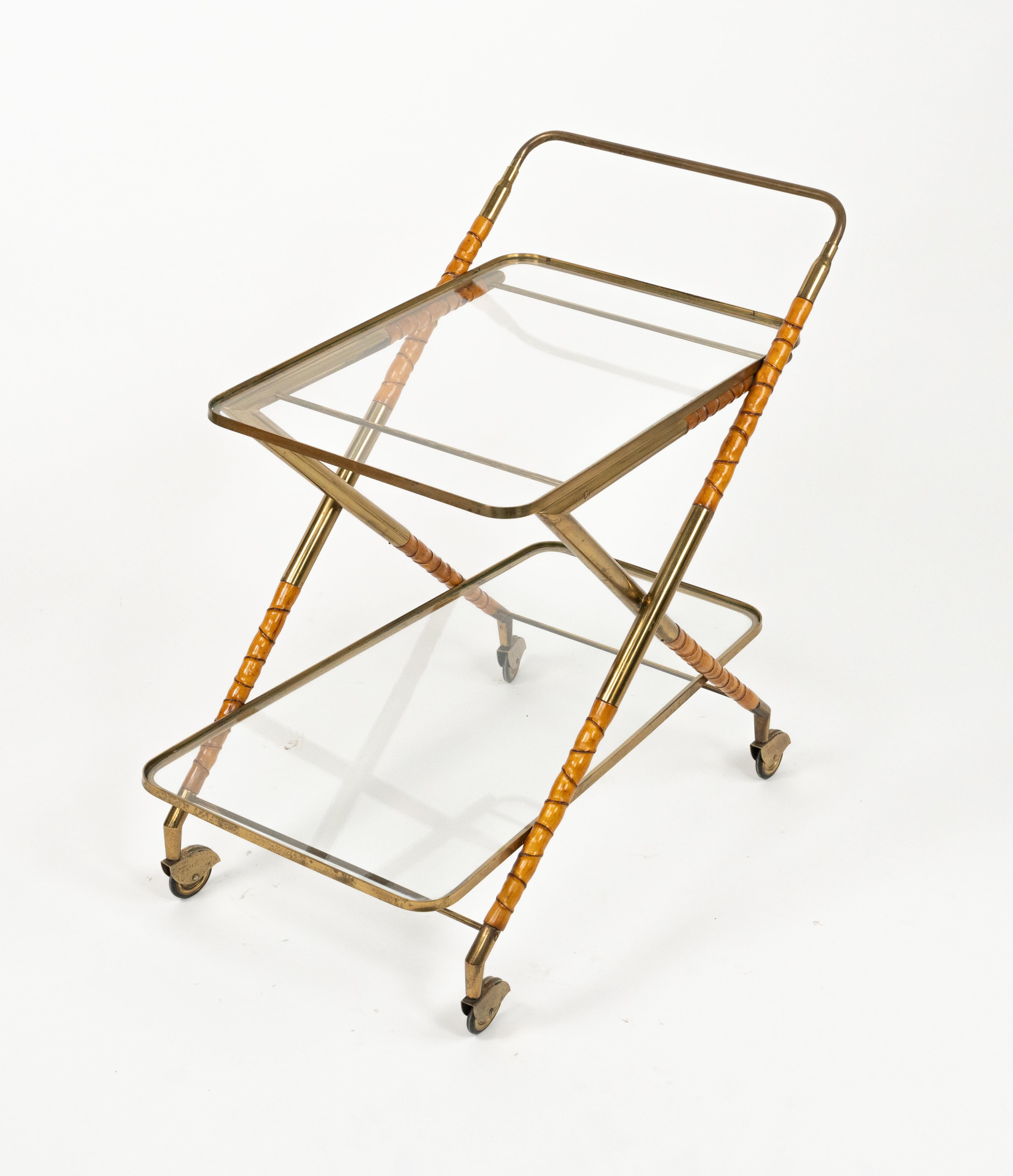 Serving Bar Cart in Wood Faux Bamboo, Brass & Glass by Cesare Lacca, Italy 1950s For Sale 9