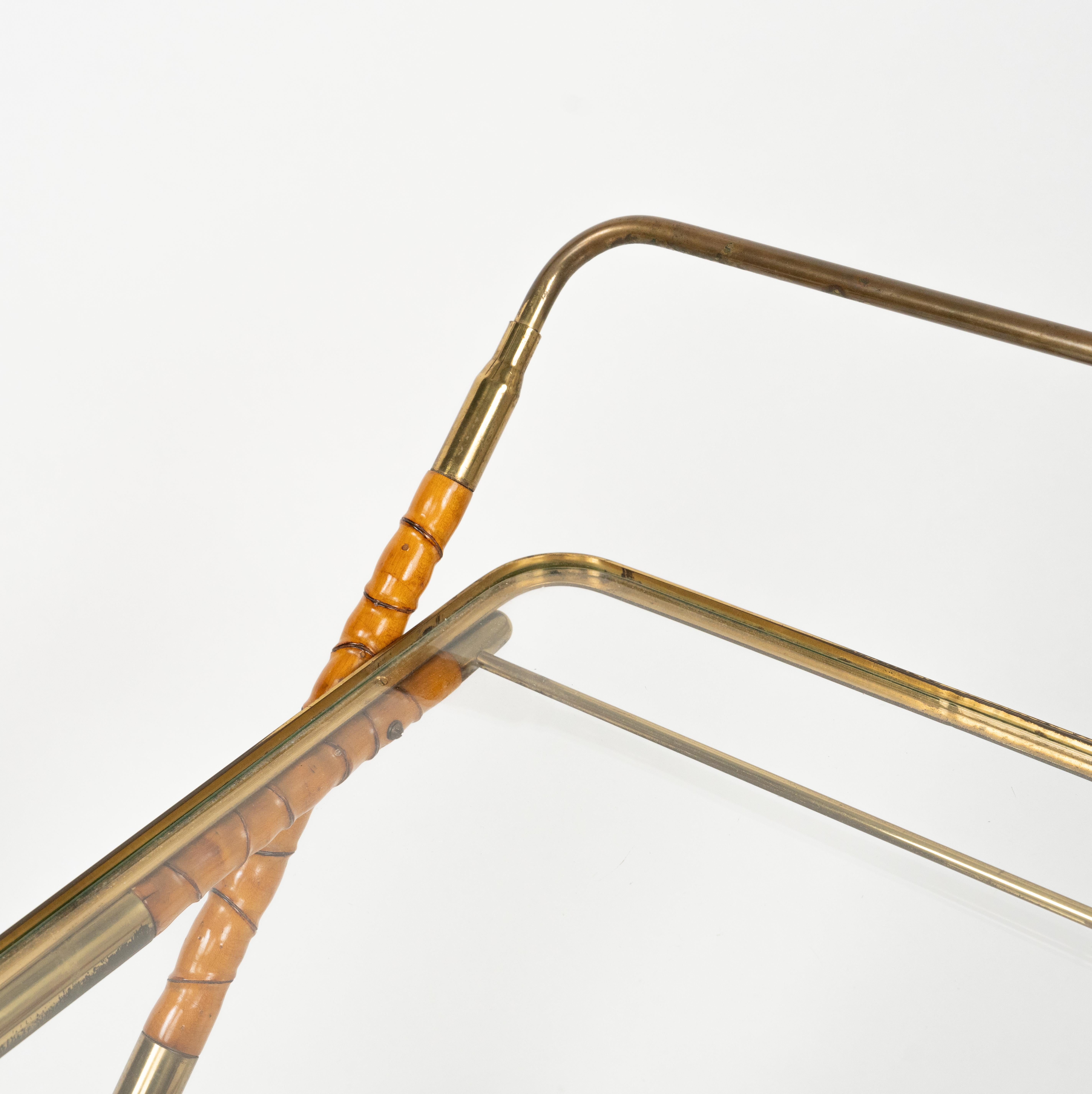 Serving Bar Cart in Wood Faux Bamboo, Brass & Glass by Cesare Lacca, Italy 1950s For Sale 10