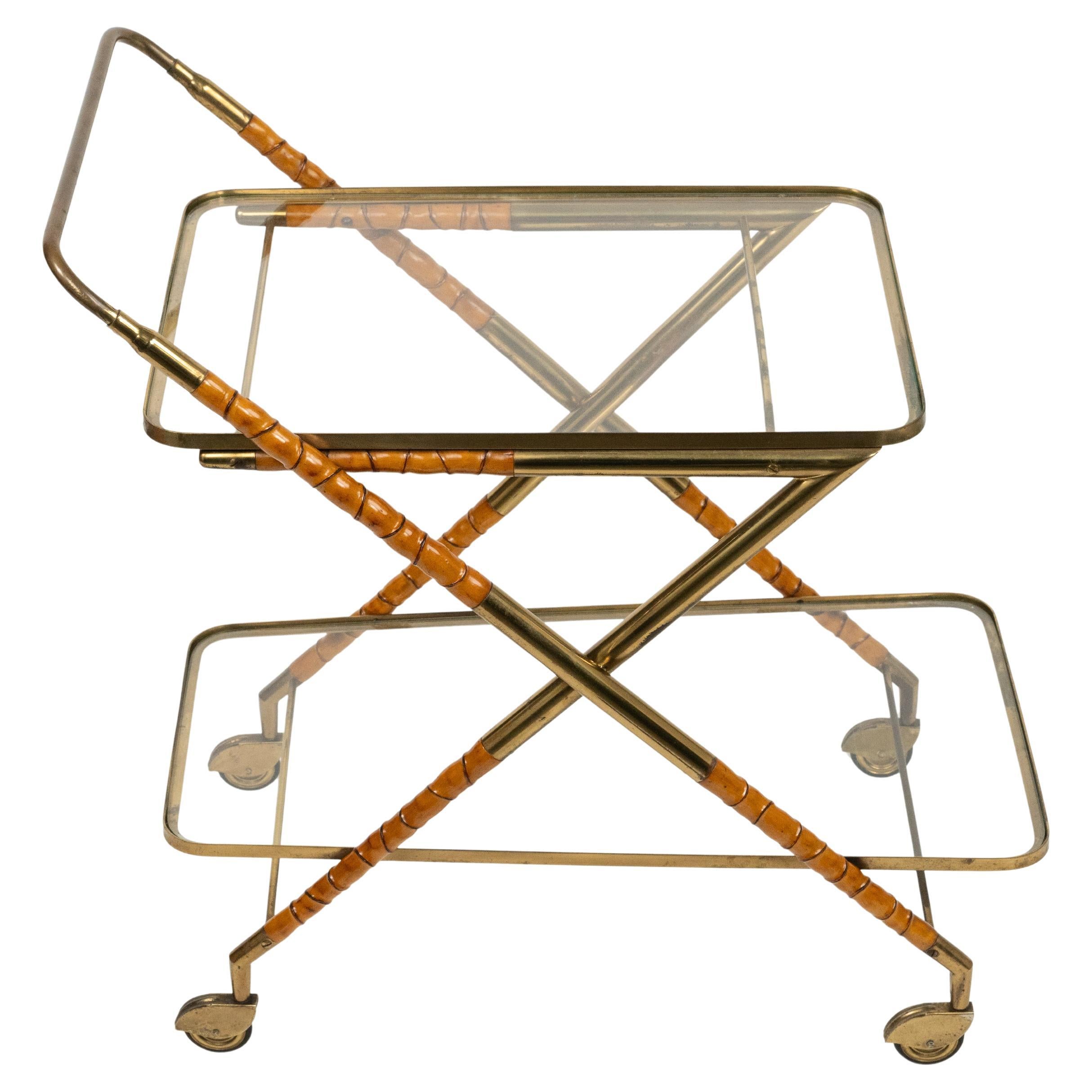 Serving Bar Cart in Wood Faux Bamboo, Brass & Glass by Cesare Lacca, Italy 1950s For Sale 11