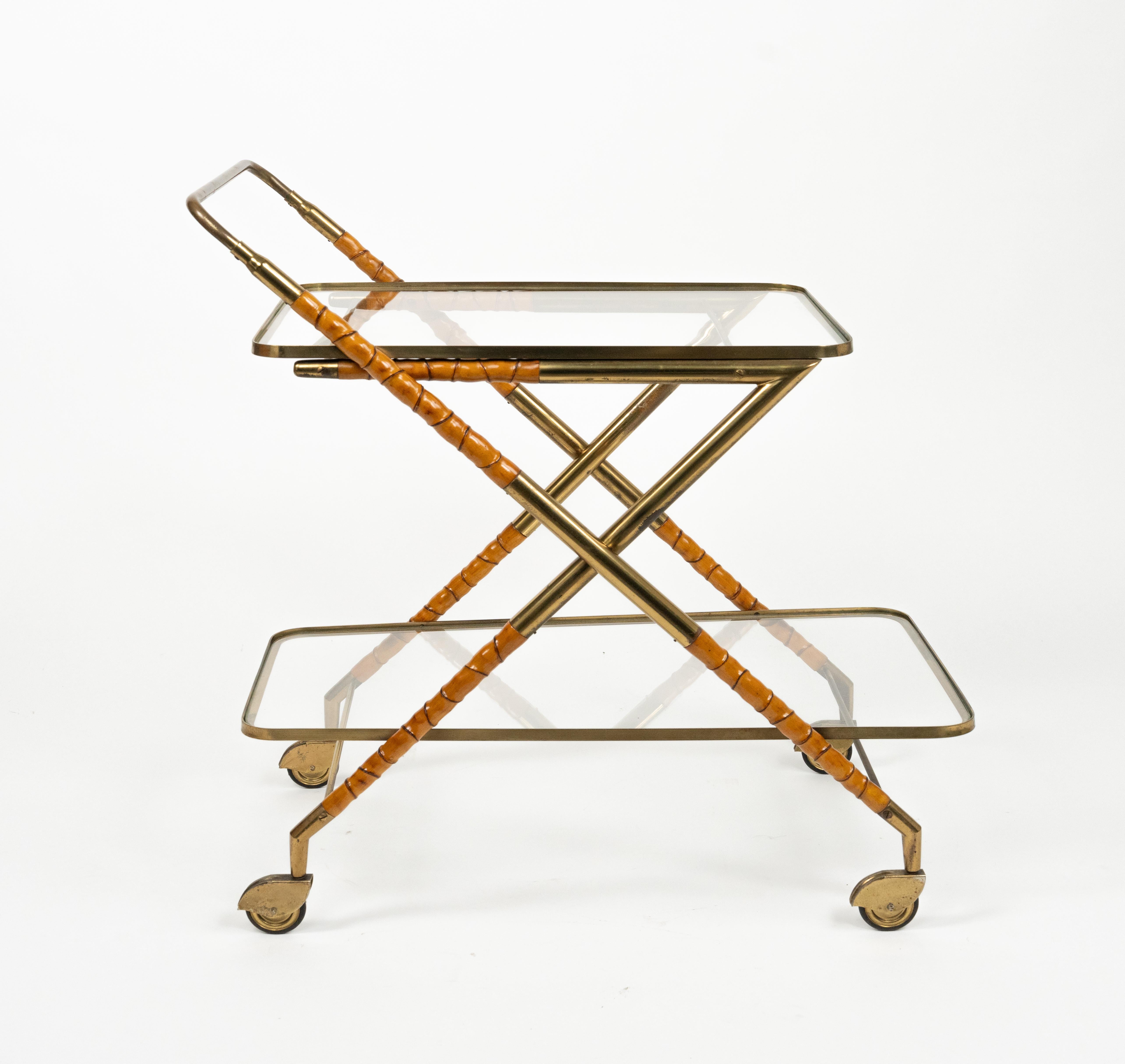Mid-Century Modern Serving Bar Cart in Wood Faux Bamboo, Brass & Glass by Cesare Lacca, Italy 1950s For Sale