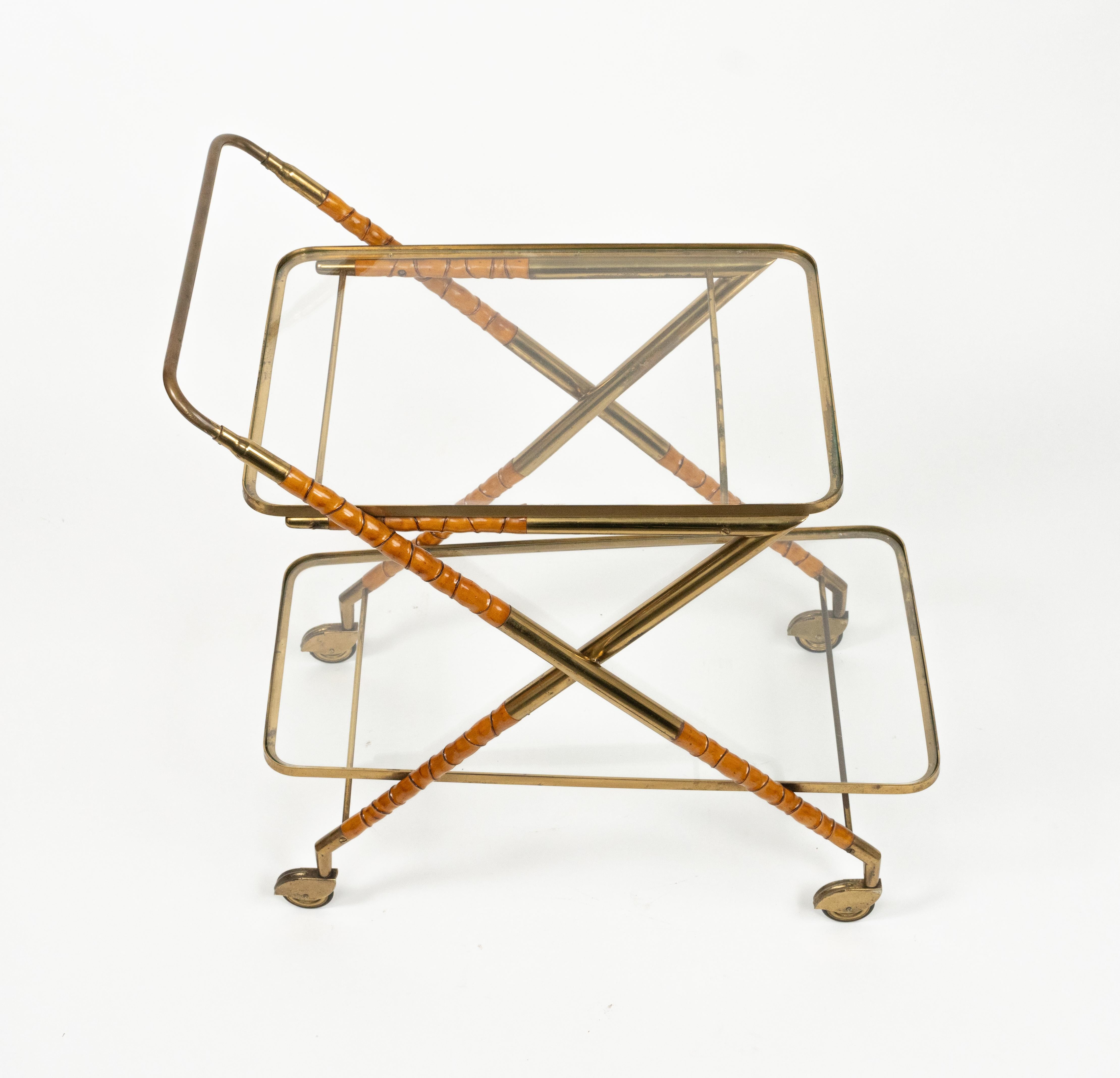 Italian Serving Bar Cart in Wood Faux Bamboo, Brass & Glass by Cesare Lacca, Italy 1950s For Sale