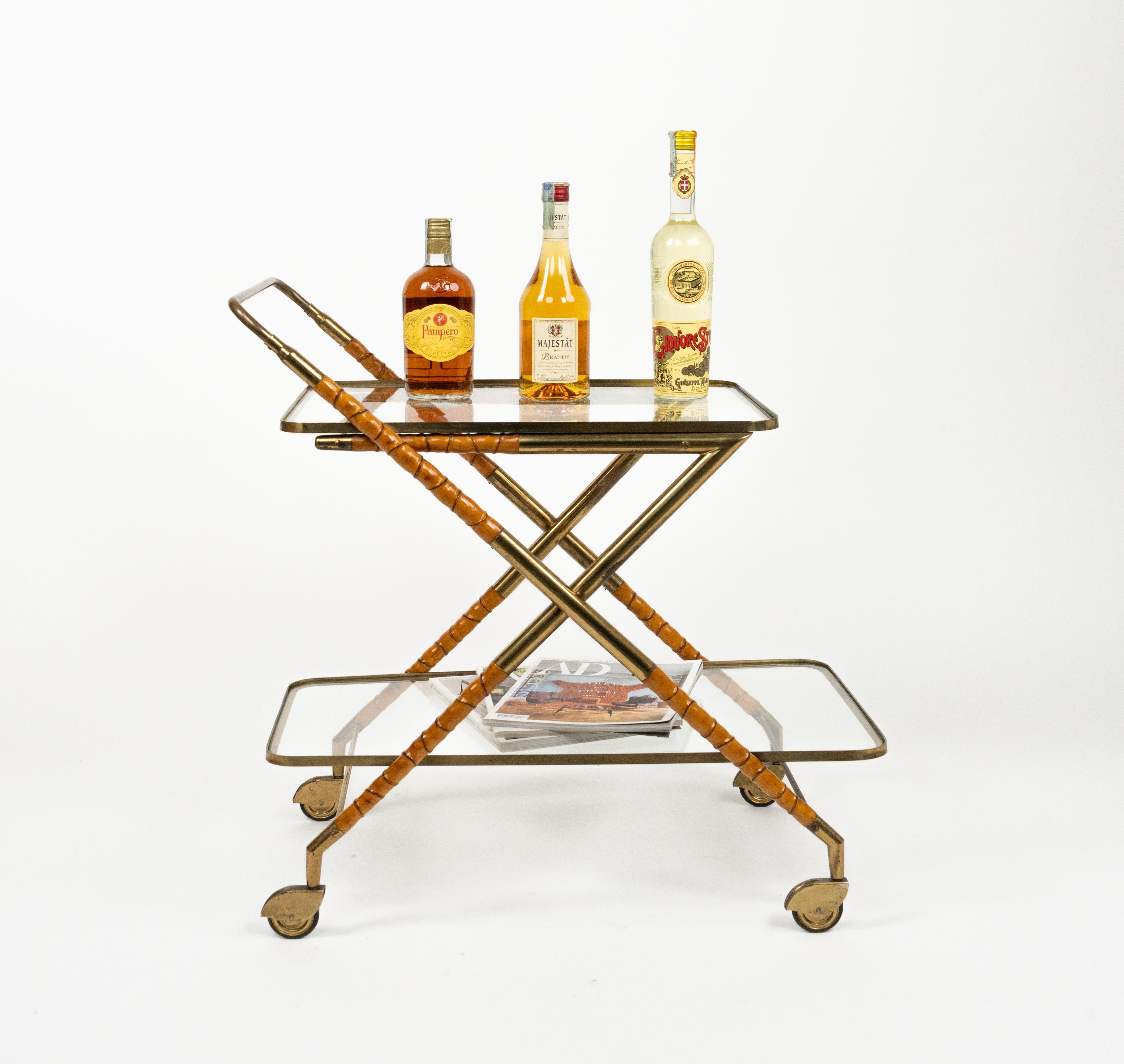 Metal Serving Bar Cart in Wood Faux Bamboo, Brass & Glass by Cesare Lacca, Italy 1950s For Sale