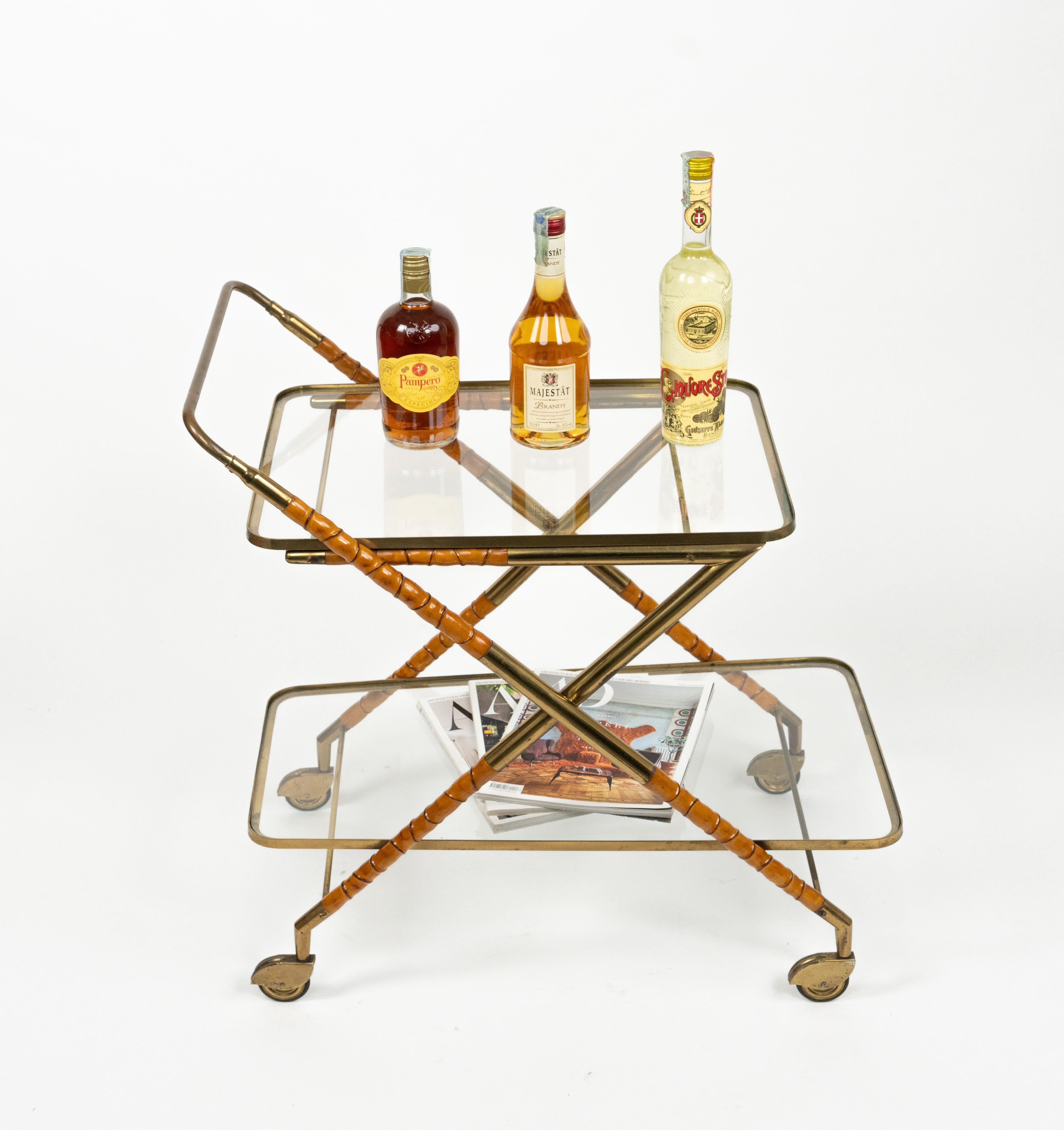 Serving Bar Cart in Wood Faux Bamboo, Brass & Glass by Cesare Lacca, Italy 1950s For Sale 1