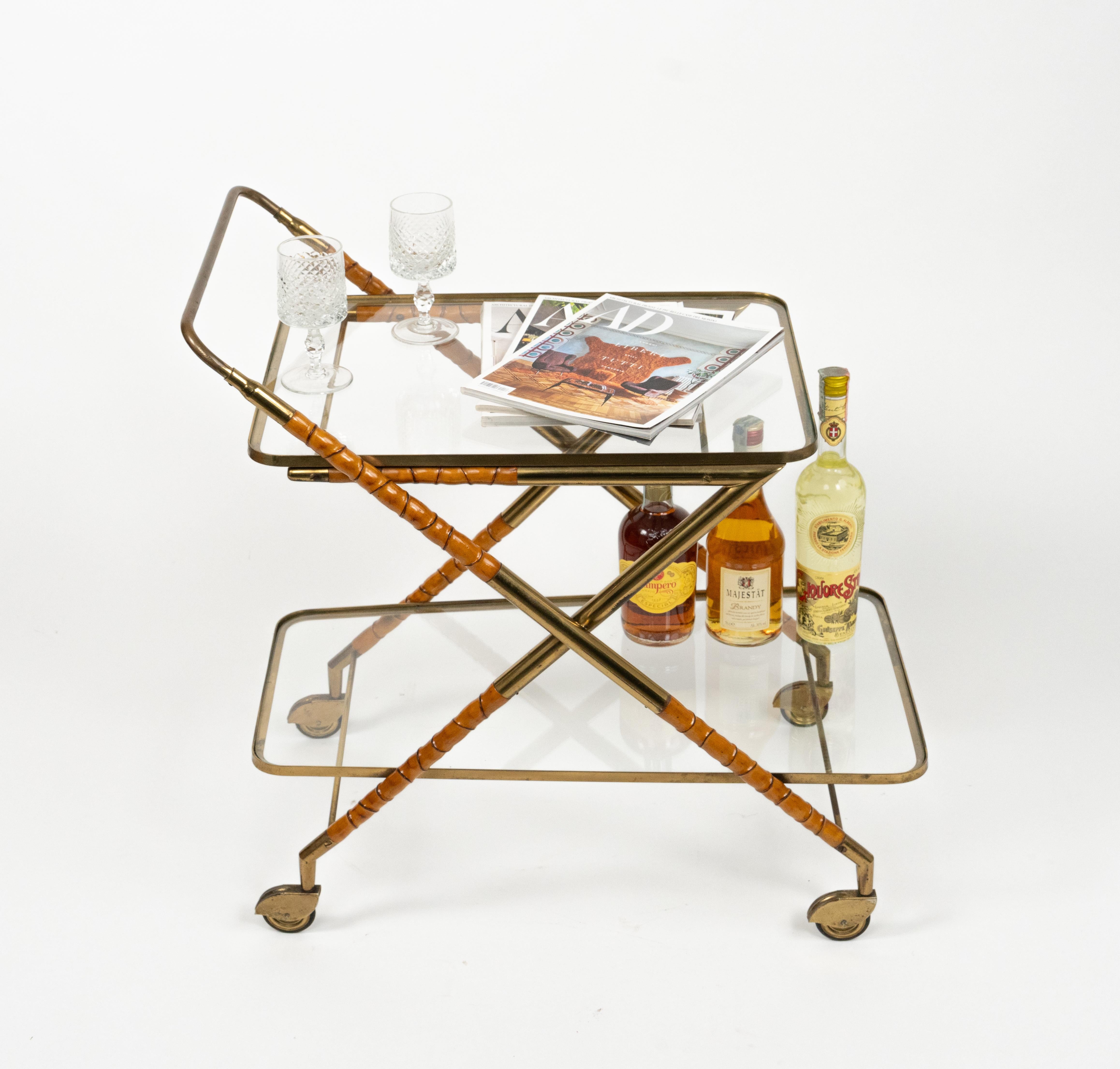 Serving Bar Cart in Wood Faux Bamboo, Brass & Glass by Cesare Lacca, Italy 1950s For Sale 2