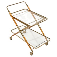 Carrito de bar de madera imitación bambú, latón y cristal de Cesare Lacca, Italia Años 50