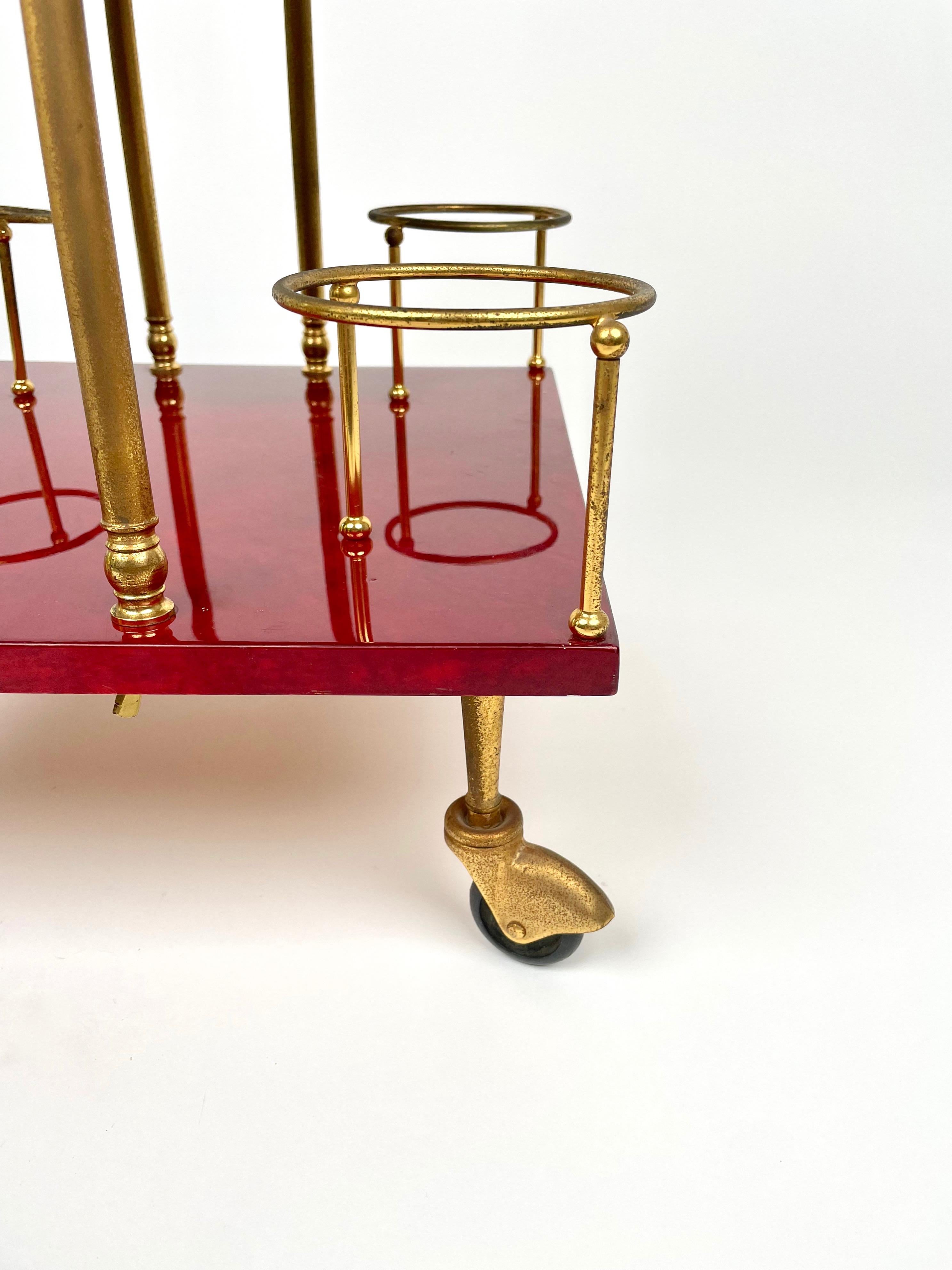 Serving Bar Cart Red Goatskin and Brass by Aldo Tura, Italy 1960s 2