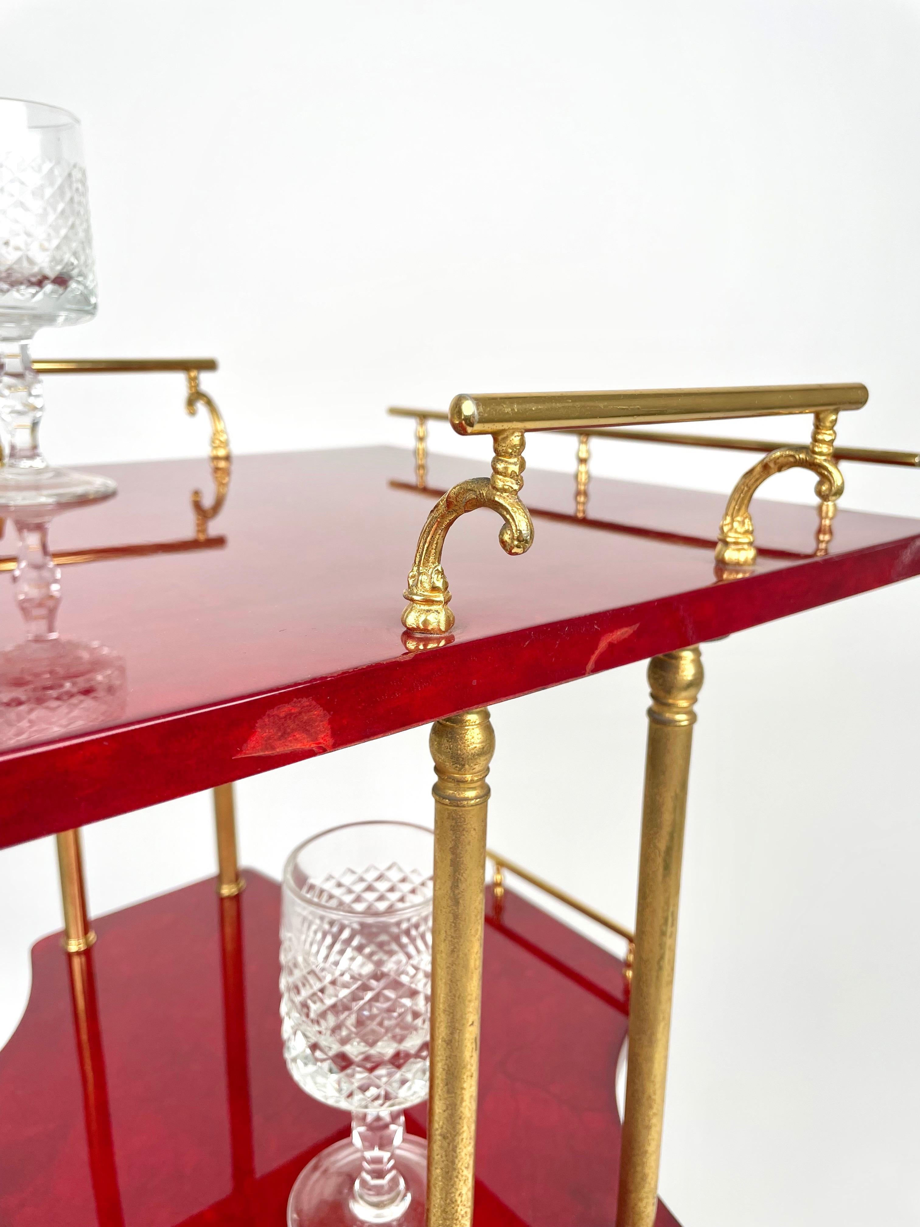 Serving Bar Cart Red Goatskin and Brass by Aldo Tura, Italy 1960s 3