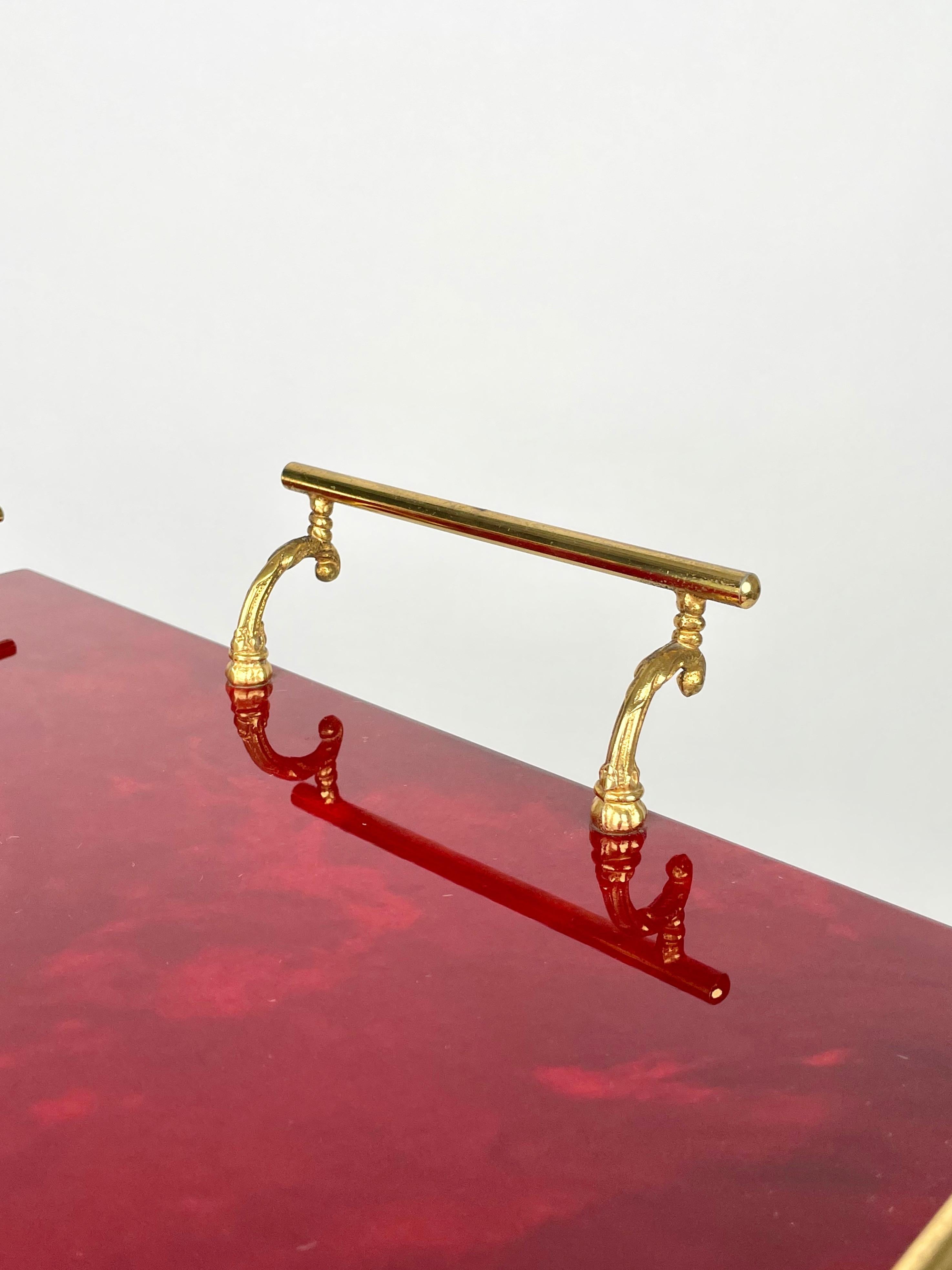 Serving Bar Cart Red Goatskin and Brass by Aldo Tura, Italy 1960s 4