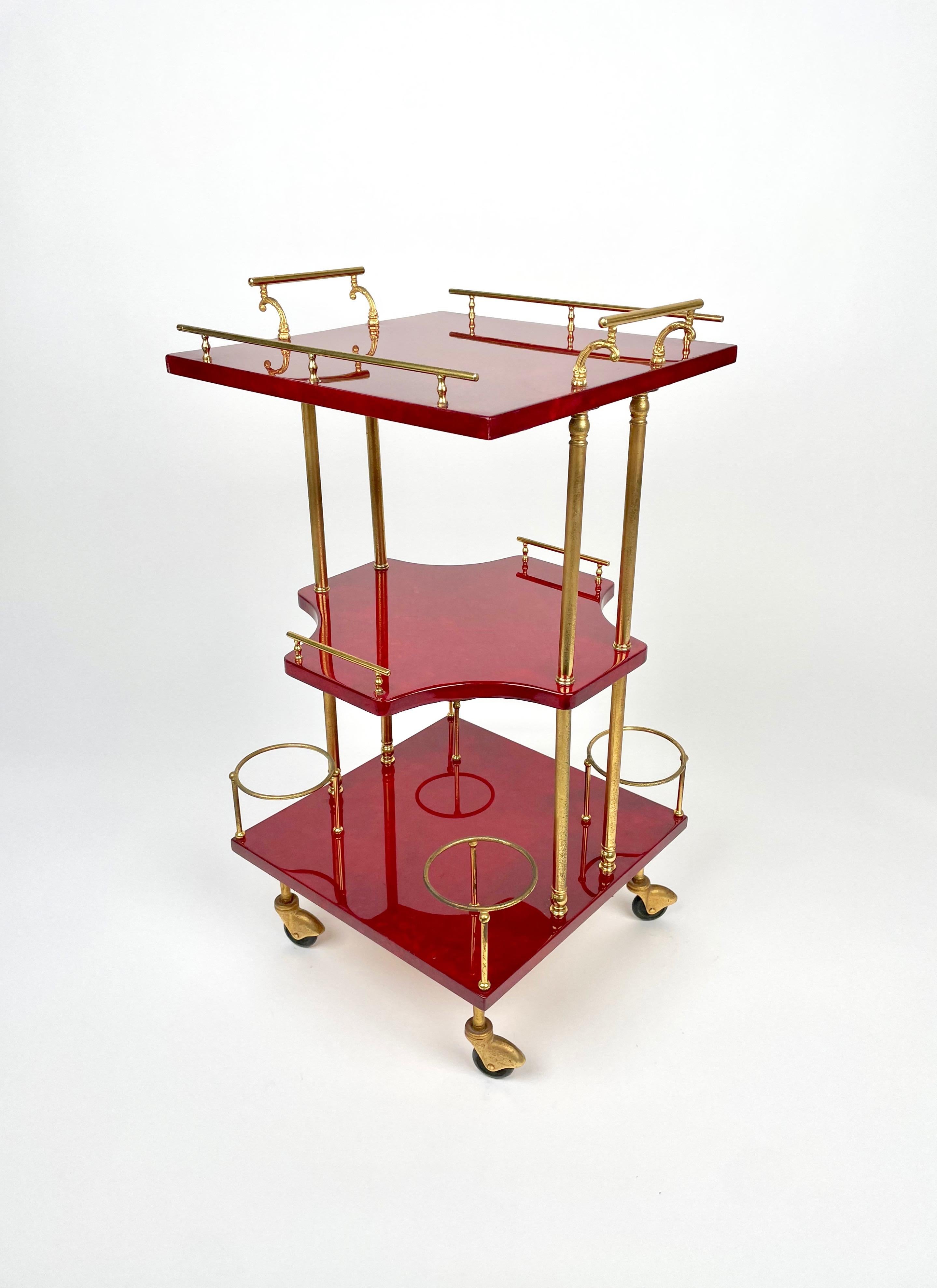 Mid-Century Modern Serving Bar Cart Red Goatskin and Brass by Aldo Tura, Italy 1960s