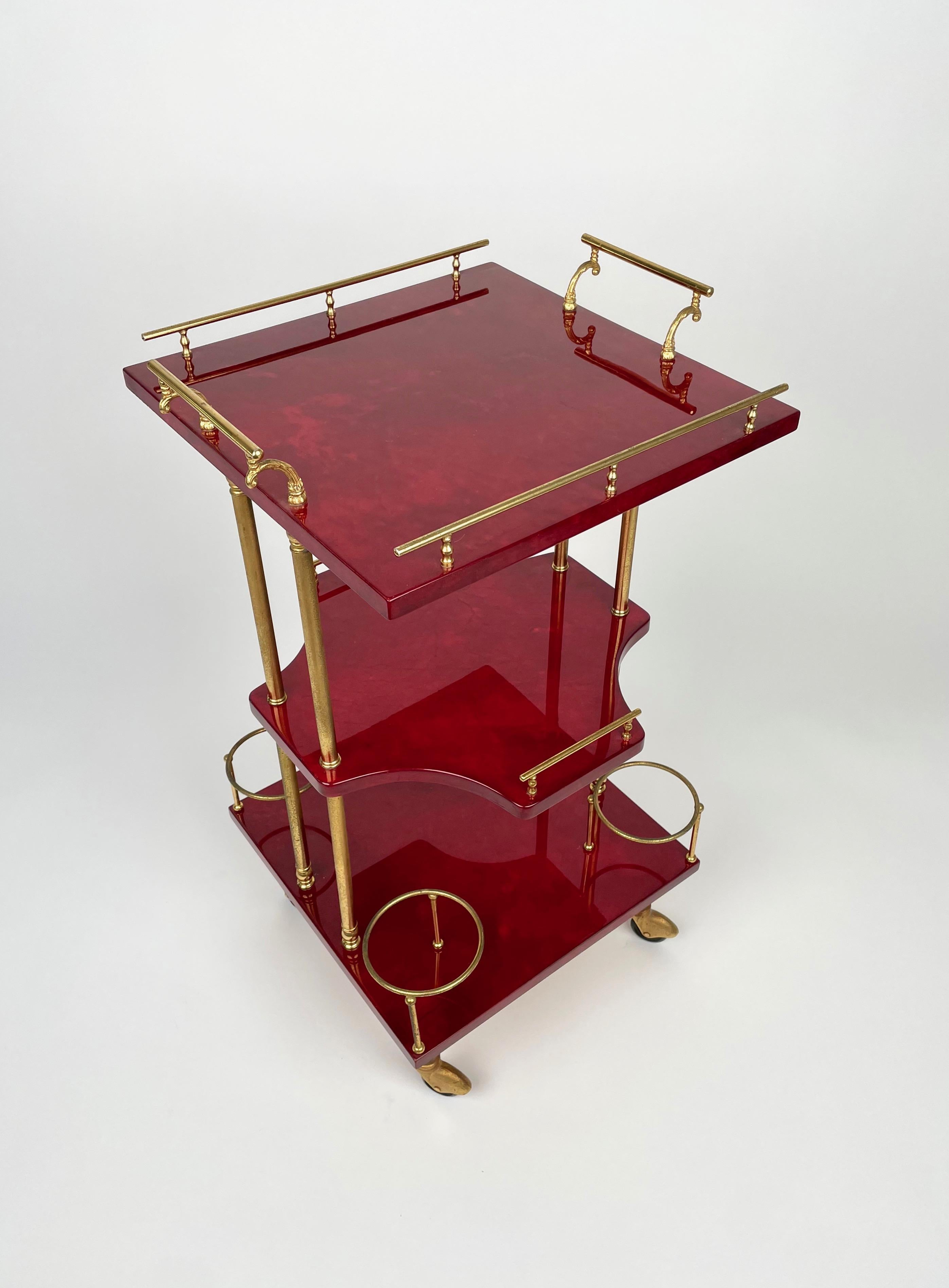 Italian Serving Bar Cart Red Goatskin and Brass by Aldo Tura, Italy 1960s